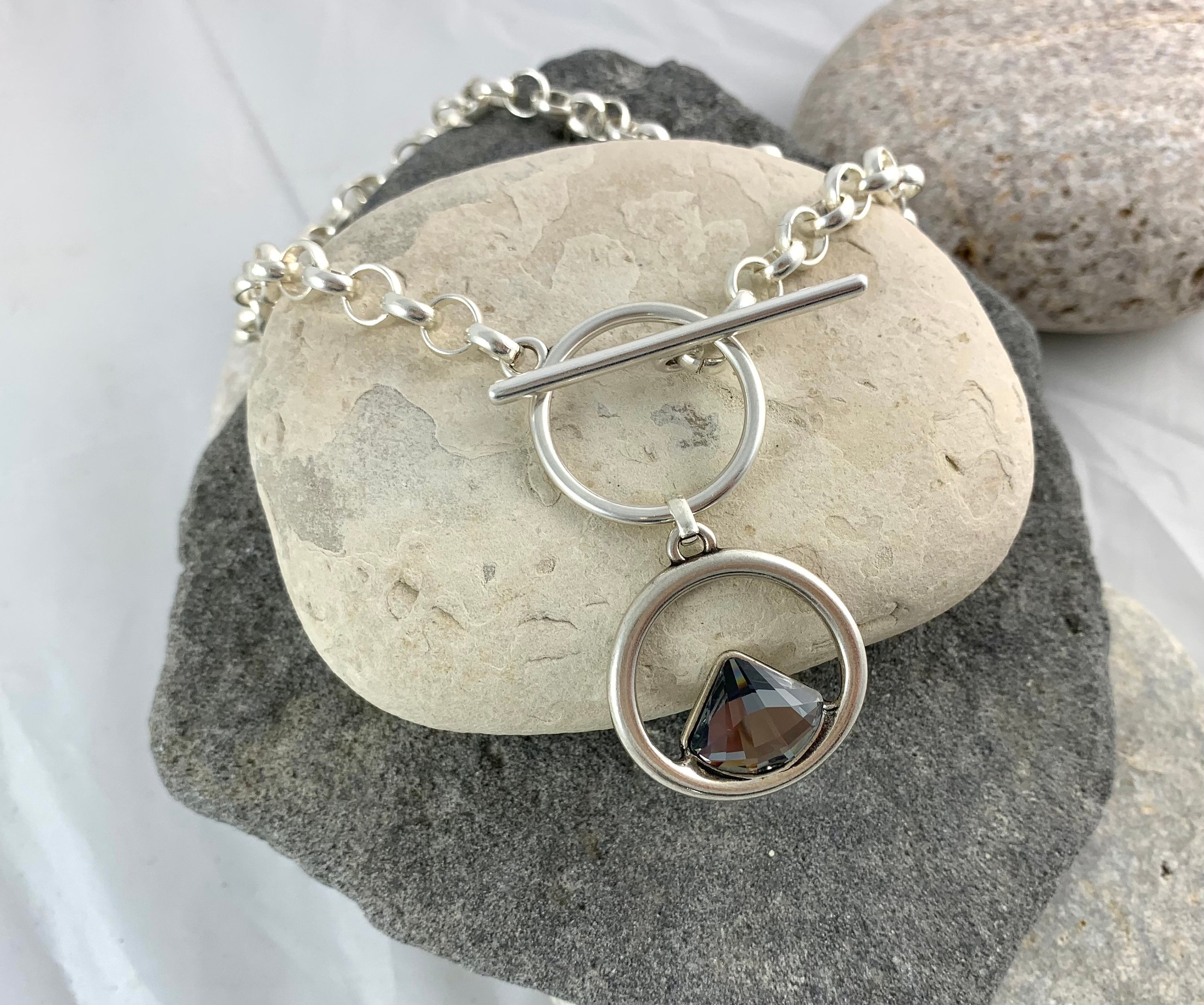 Swarovski statement pendant chunky silver chain toggle necklace, sisters gift, girlfriend unique birthday present,