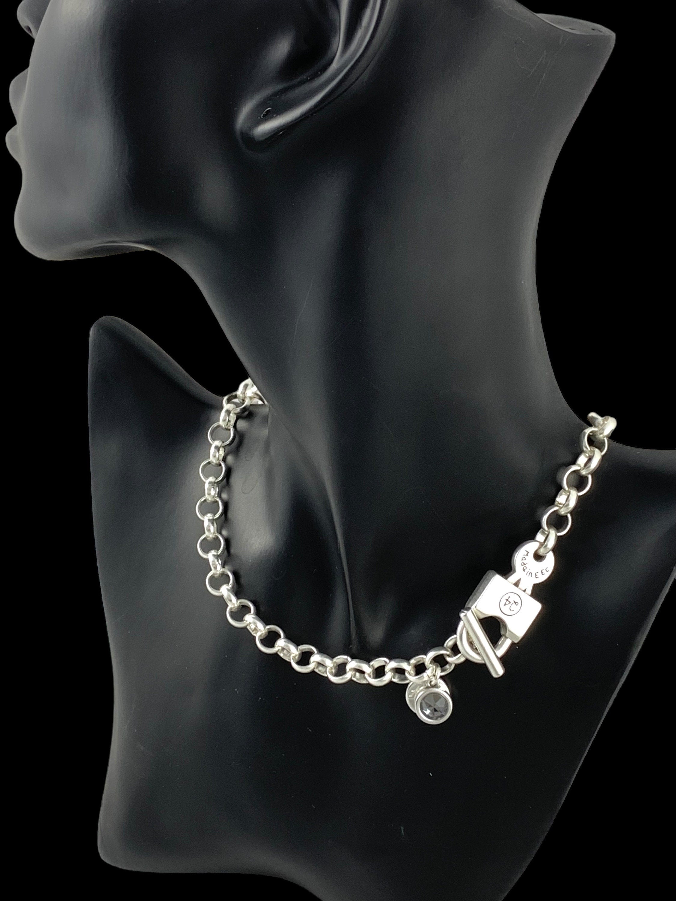Chunky Silver Padlock chain Necklace – Toggle Clasp with Swarovski Charm – Handmade Statement Jewelry - - gift for her