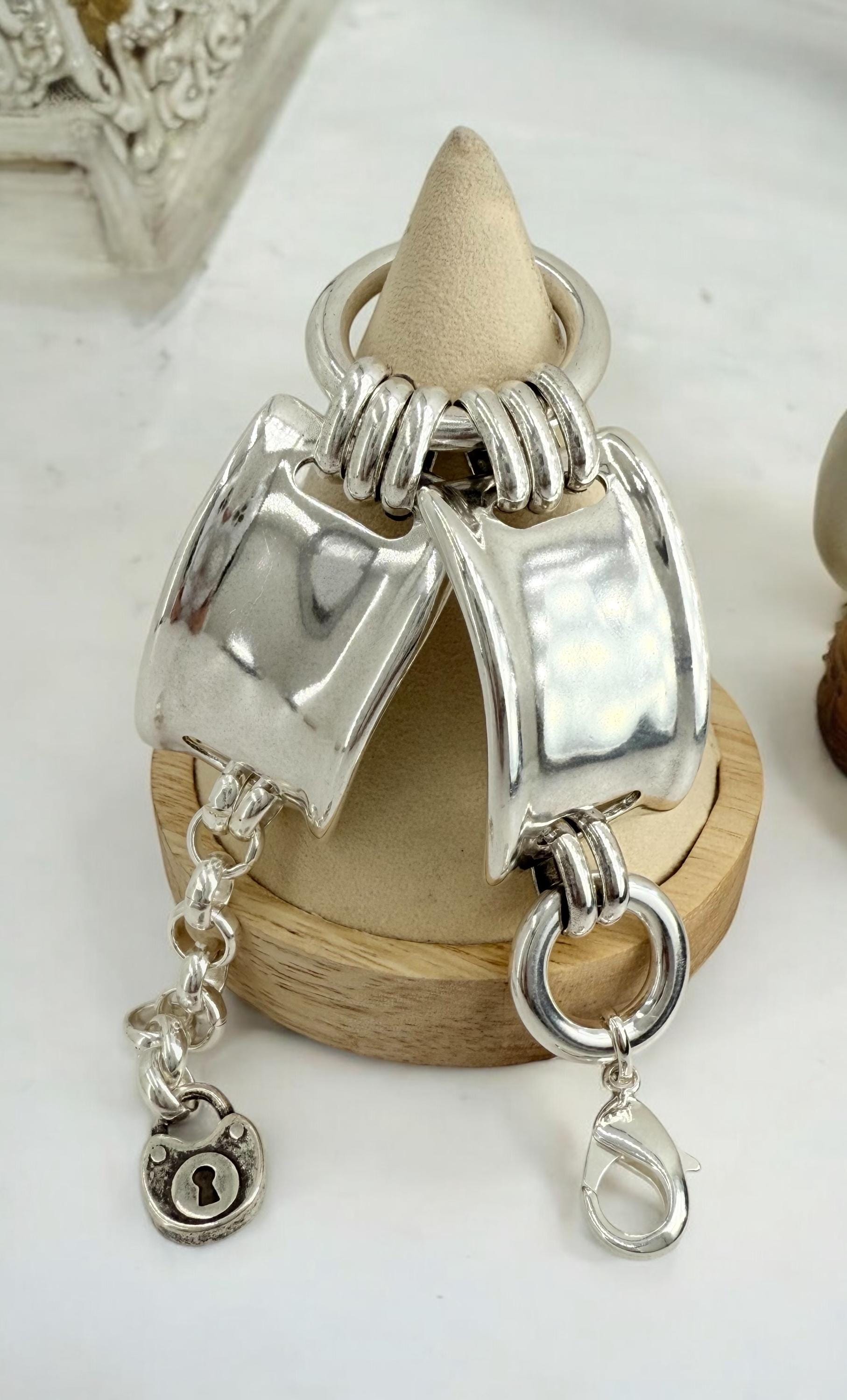 Chunky silver bracelet, cuff bracelet, silver bold bracelet, silver chain bracelet, thick link bracelet, uno de 50 style, statement bracelet