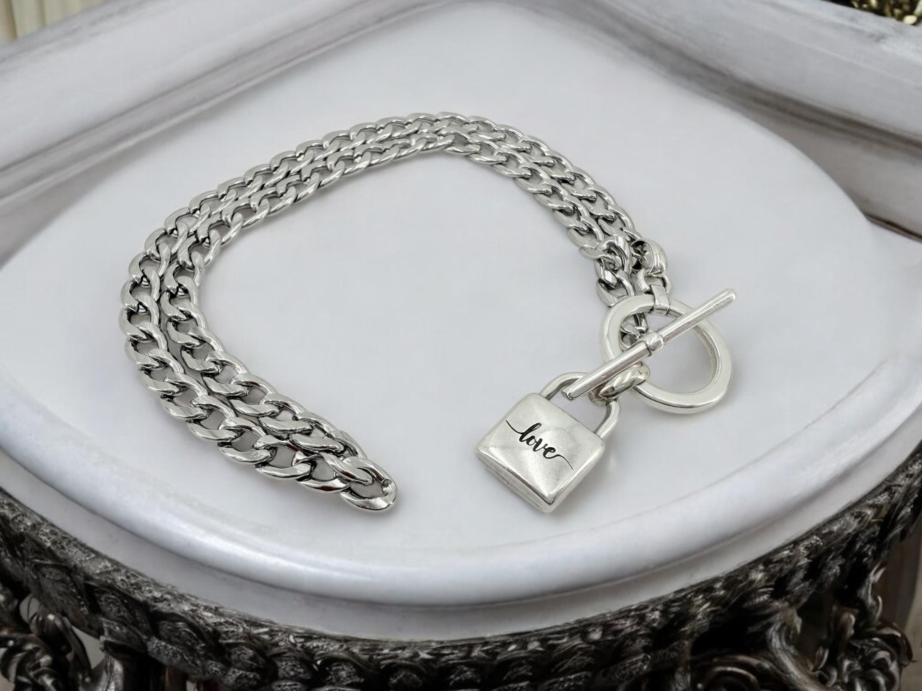 Sculptural “love” Padlock pendant Choker – Dark Silver Cuban Chain with Toggle Clasp – Industrial Romantic Statement Necklace -