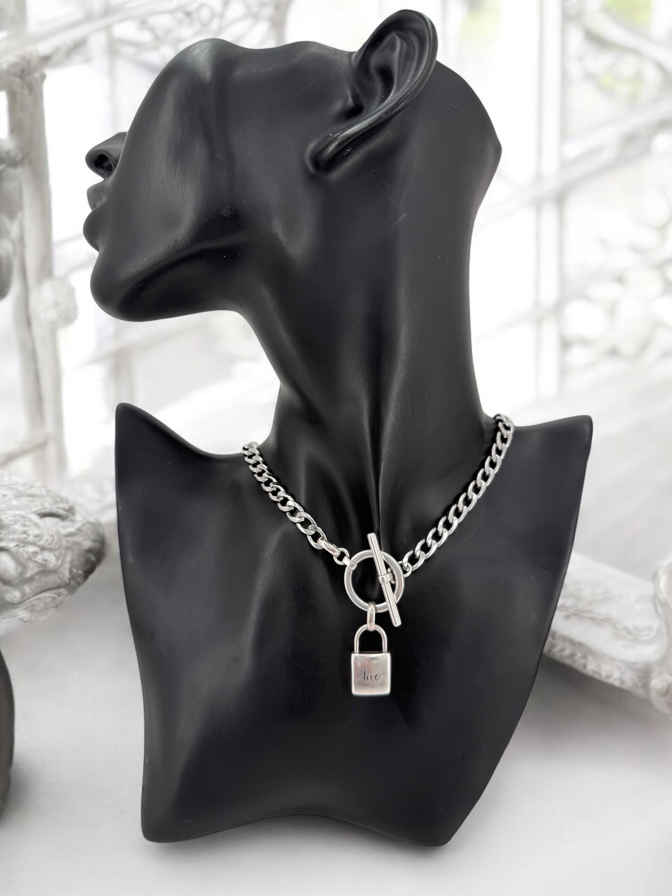 Sculptural “love” Padlock pendant Choker – Dark Silver Cuban Chain with Toggle Clasp – Industrial Romantic Statement Necklace -