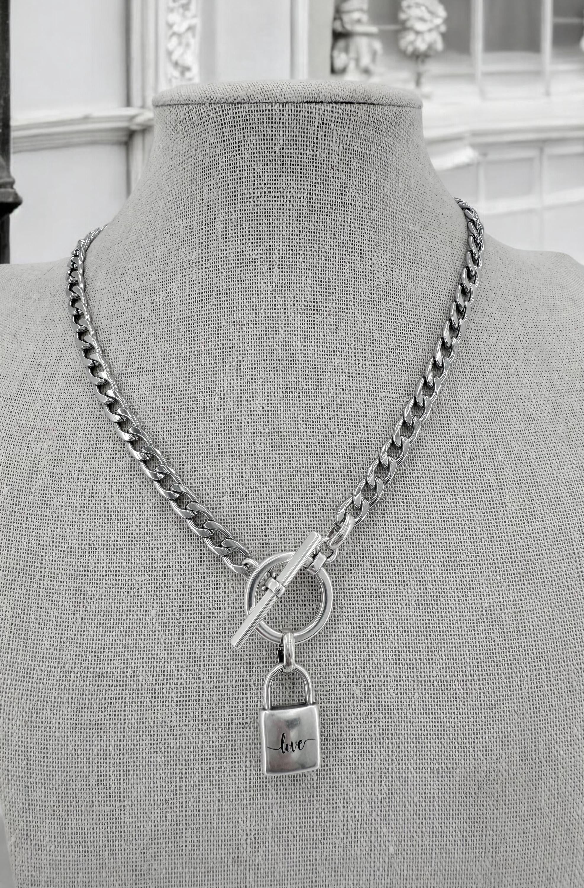 Sculptural “love” Padlock pendant Choker – Dark Silver Cuban Chain with Toggle Clasp – Industrial Romantic Statement Necklace -