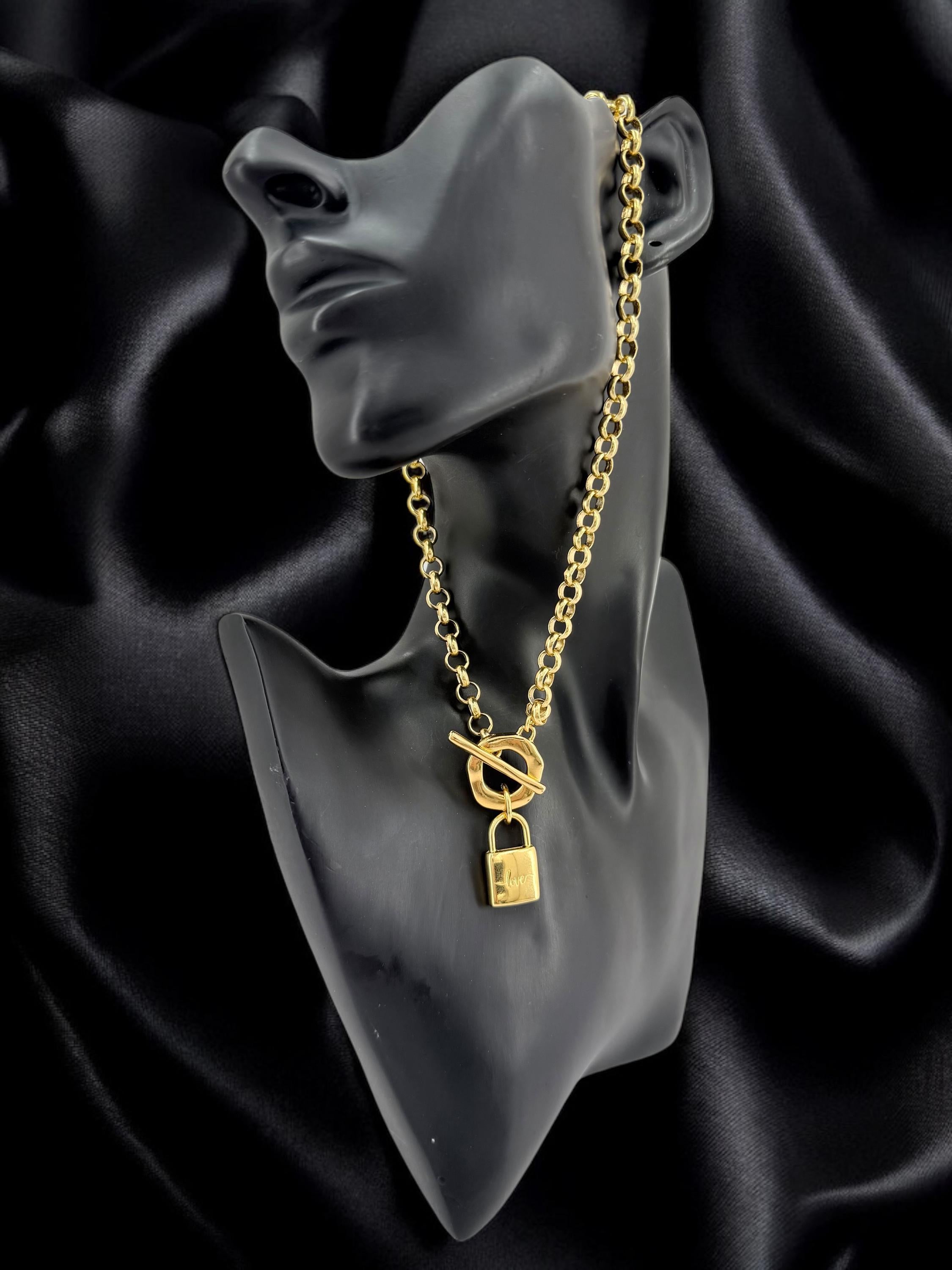 Chunky Gold Padlock Necklace – 24k Gold-Plated Rolo Chain with “LOVE” padlock pendant and Toggle Clasp – Handmade Statement Choker
