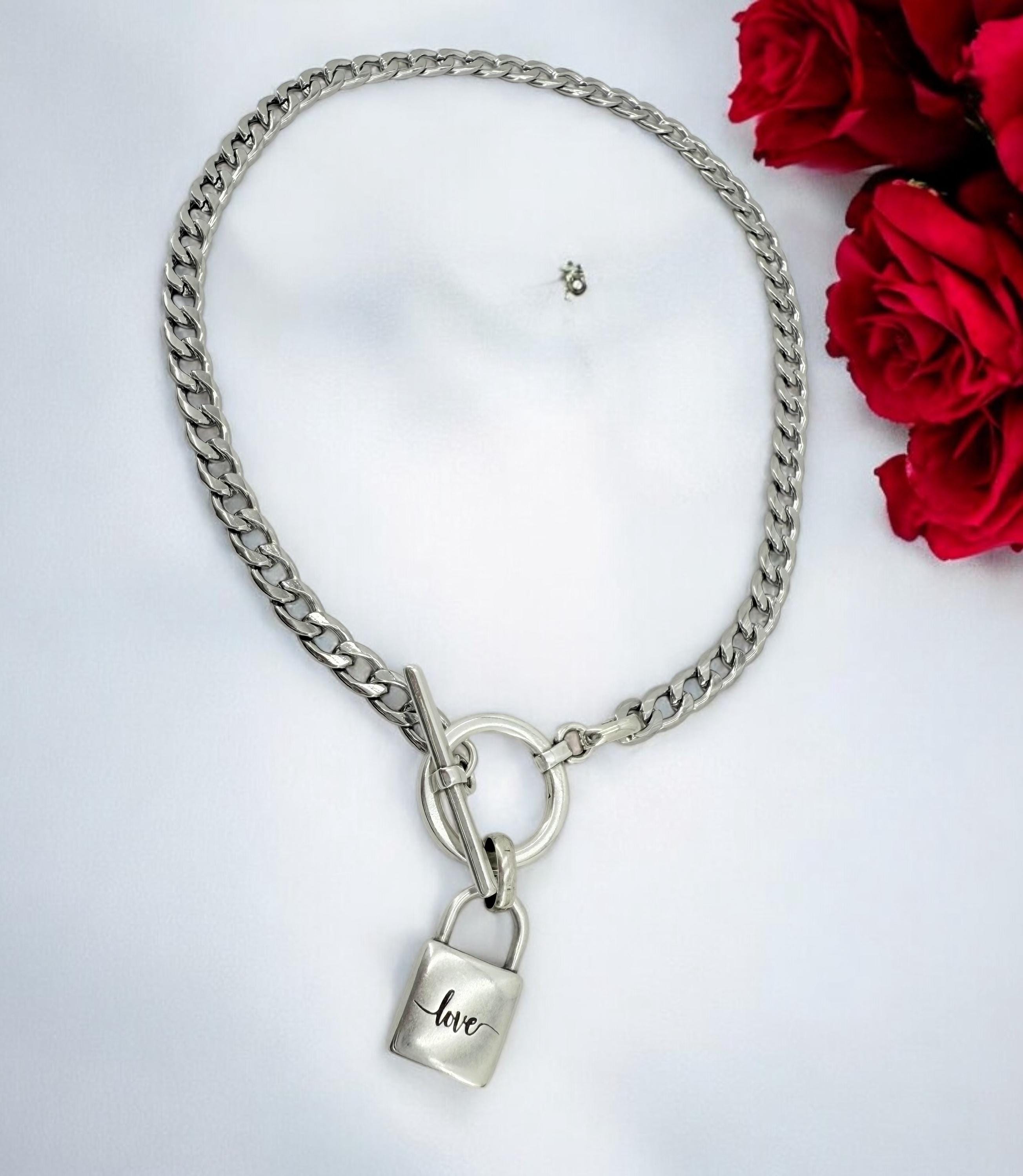 Sculptural “love” Padlock pendant Choker – Dark Silver Cuban Chain with Toggle Clasp – Industrial Romantic Statement Necklace -