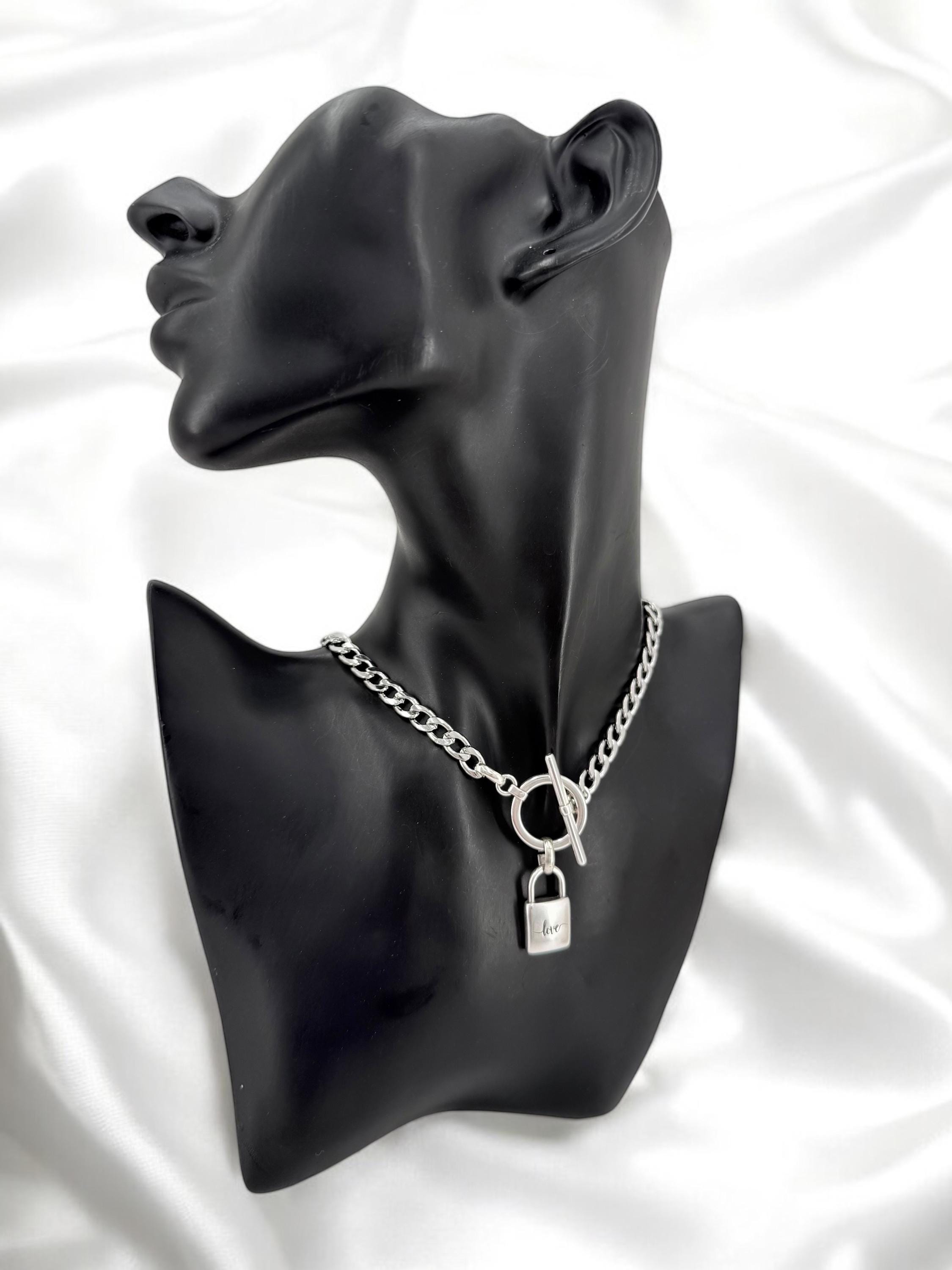 Sculptural “love” Padlock pendant Choker – Dark Silver Cuban Chain with Toggle Clasp – Industrial Romantic Statement Necklace -
