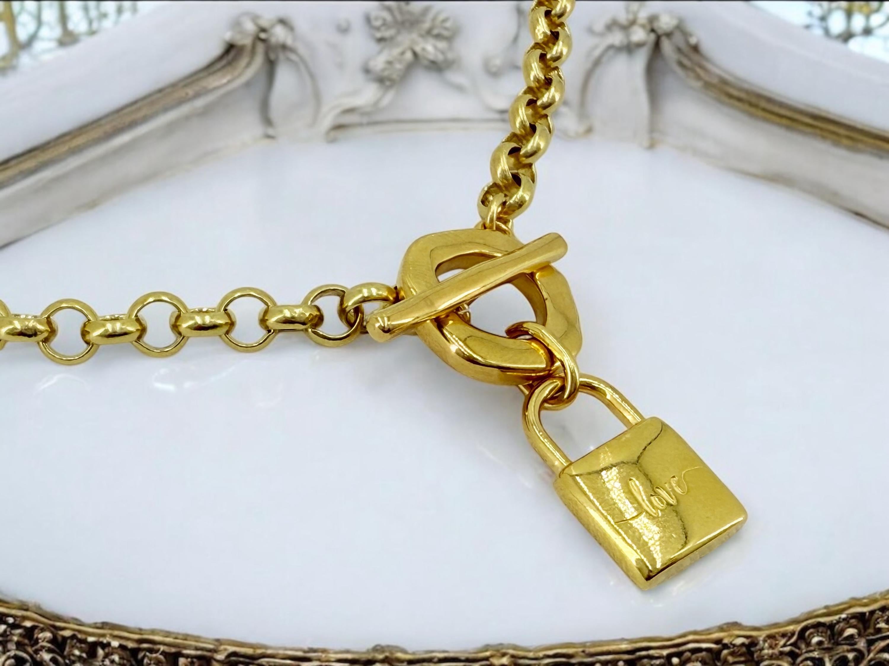 Chunky Gold Padlock Necklace – 24k Gold-Plated Rolo Chain with “LOVE” padlock pendant and Toggle Clasp – Handmade Statement Choker