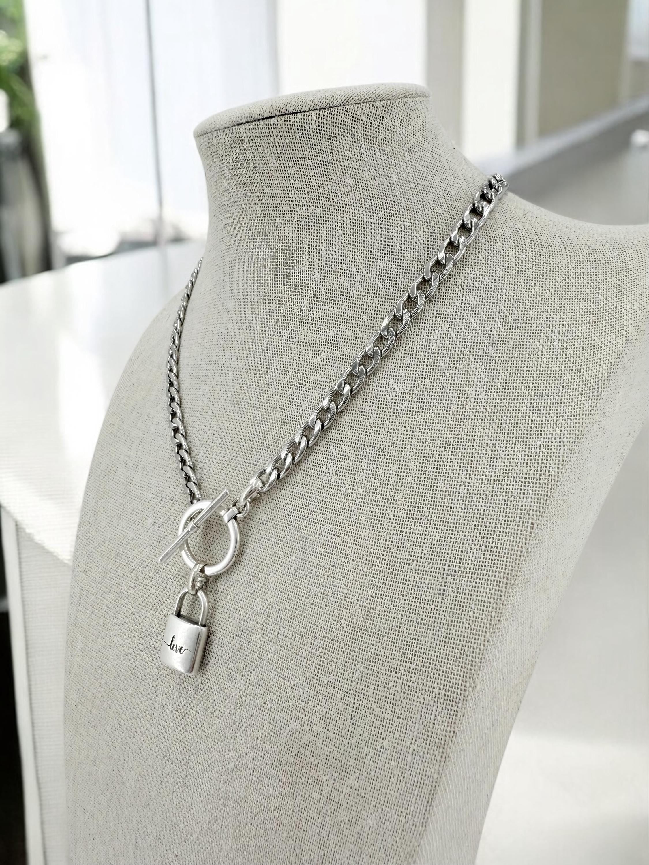 Sculptural “love” Padlock pendant Choker – Dark Silver Cuban Chain with Toggle Clasp – Industrial Romantic Statement Necklace -