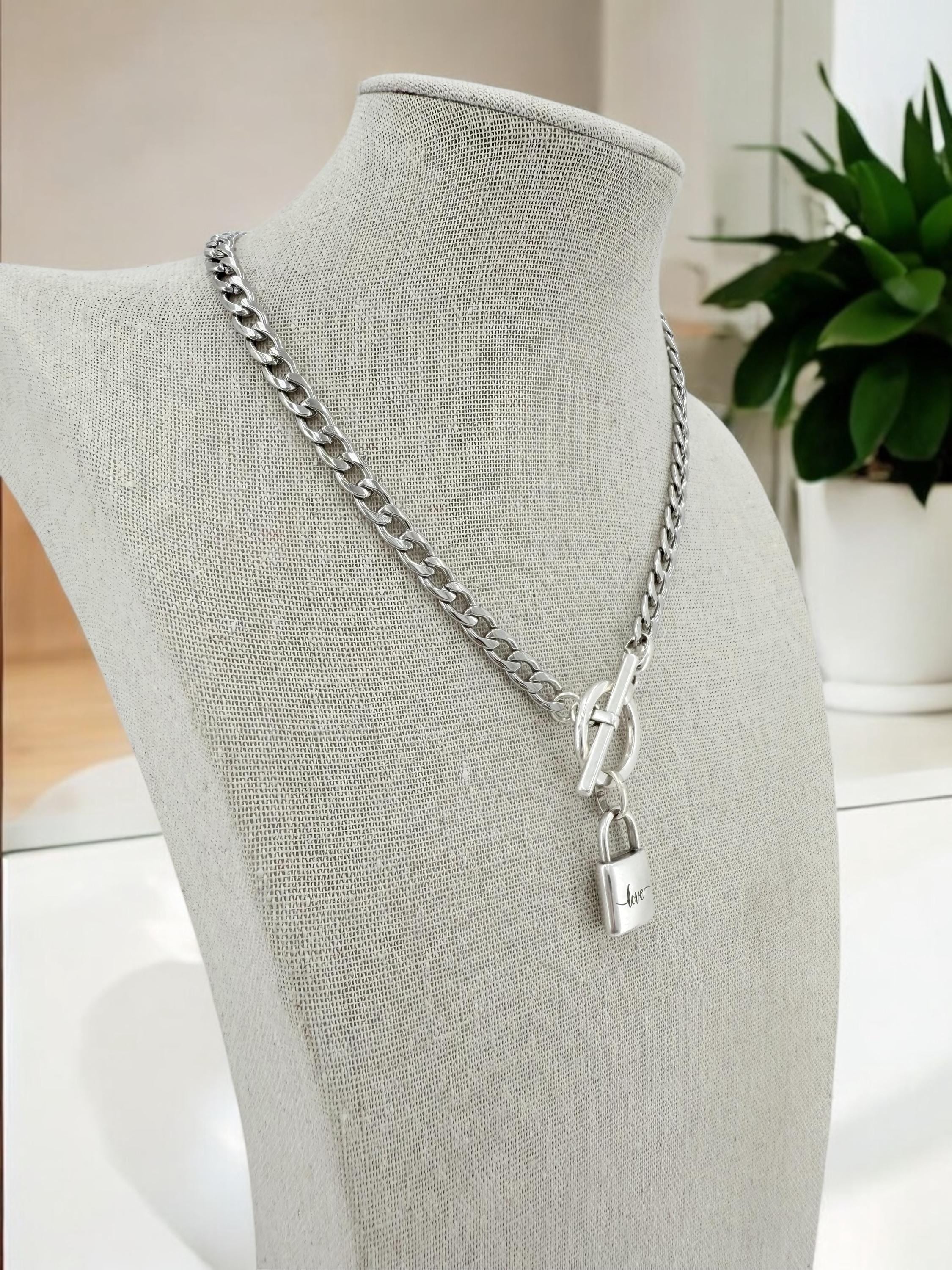 Sculptural “love” Padlock pendant Choker – Dark Silver Cuban Chain with Toggle Clasp – Industrial Romantic Statement Necklace -
