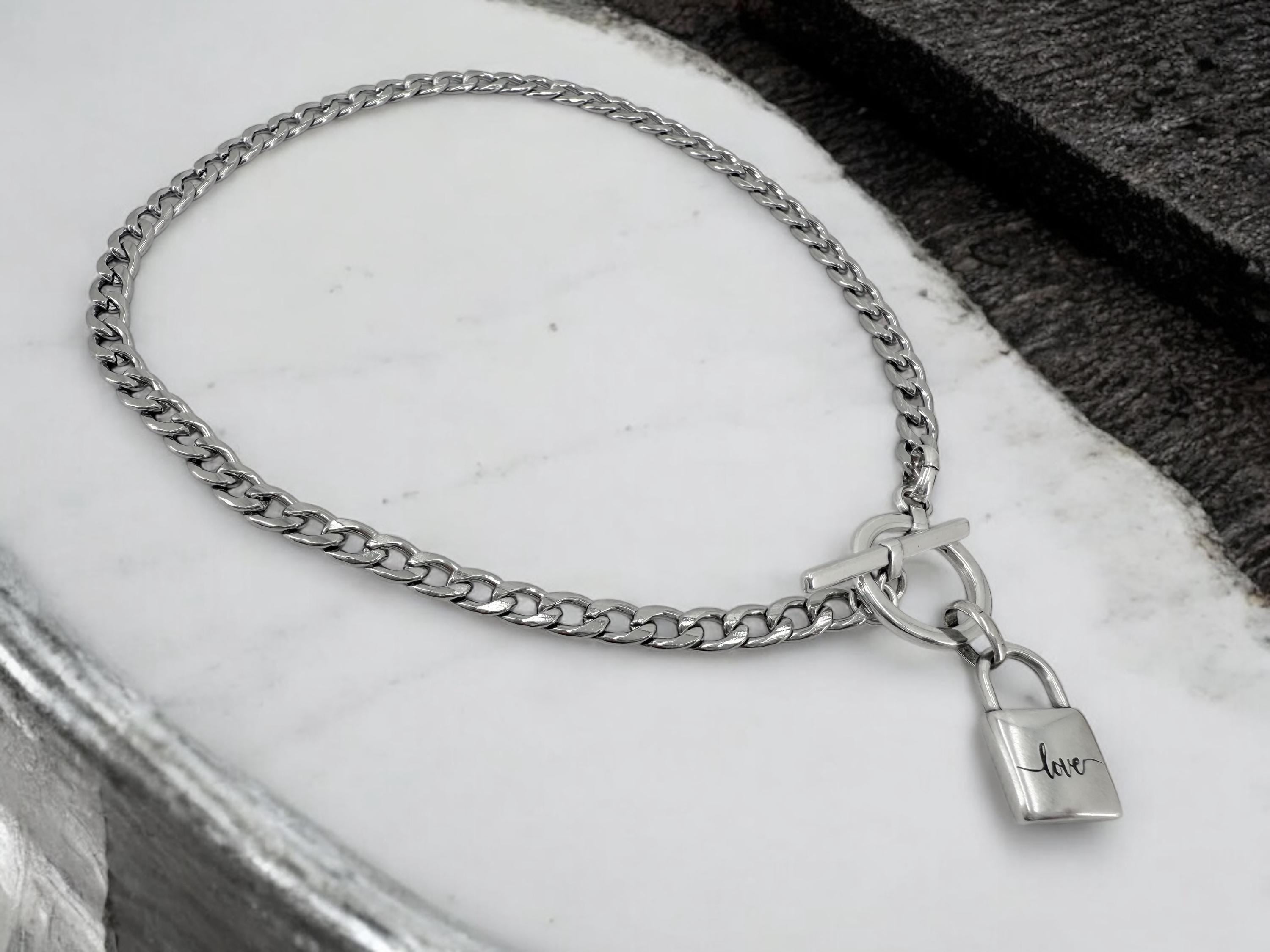 Sculptural “love” Padlock pendant Choker – Dark Silver Cuban Chain with Toggle Clasp – Industrial Romantic Statement Necklace -