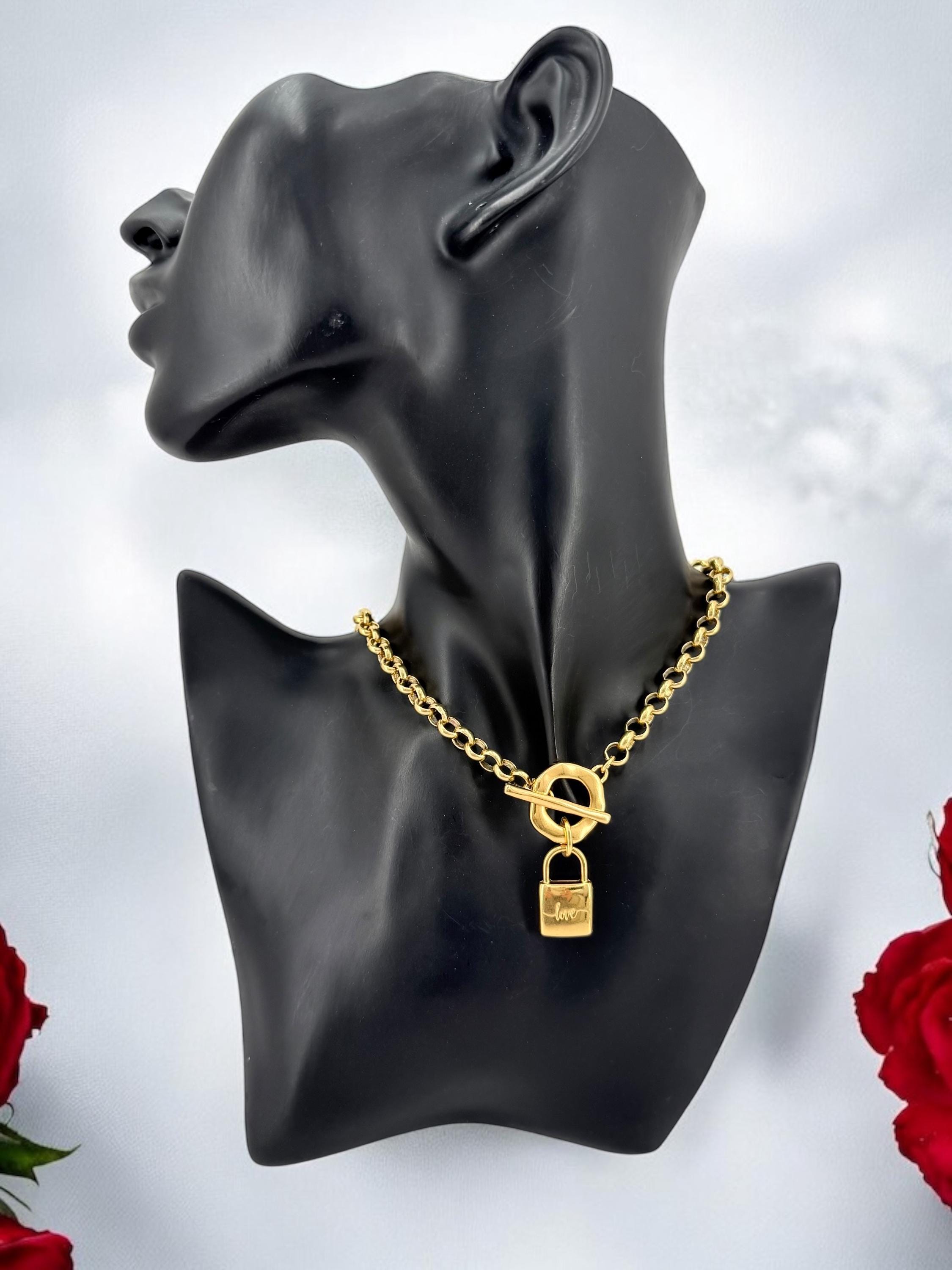 Chunky Gold Padlock Necklace – 24k Gold-Plated Rolo Chain with “LOVE” padlock pendant and Toggle Clasp – Handmade Statement Choker