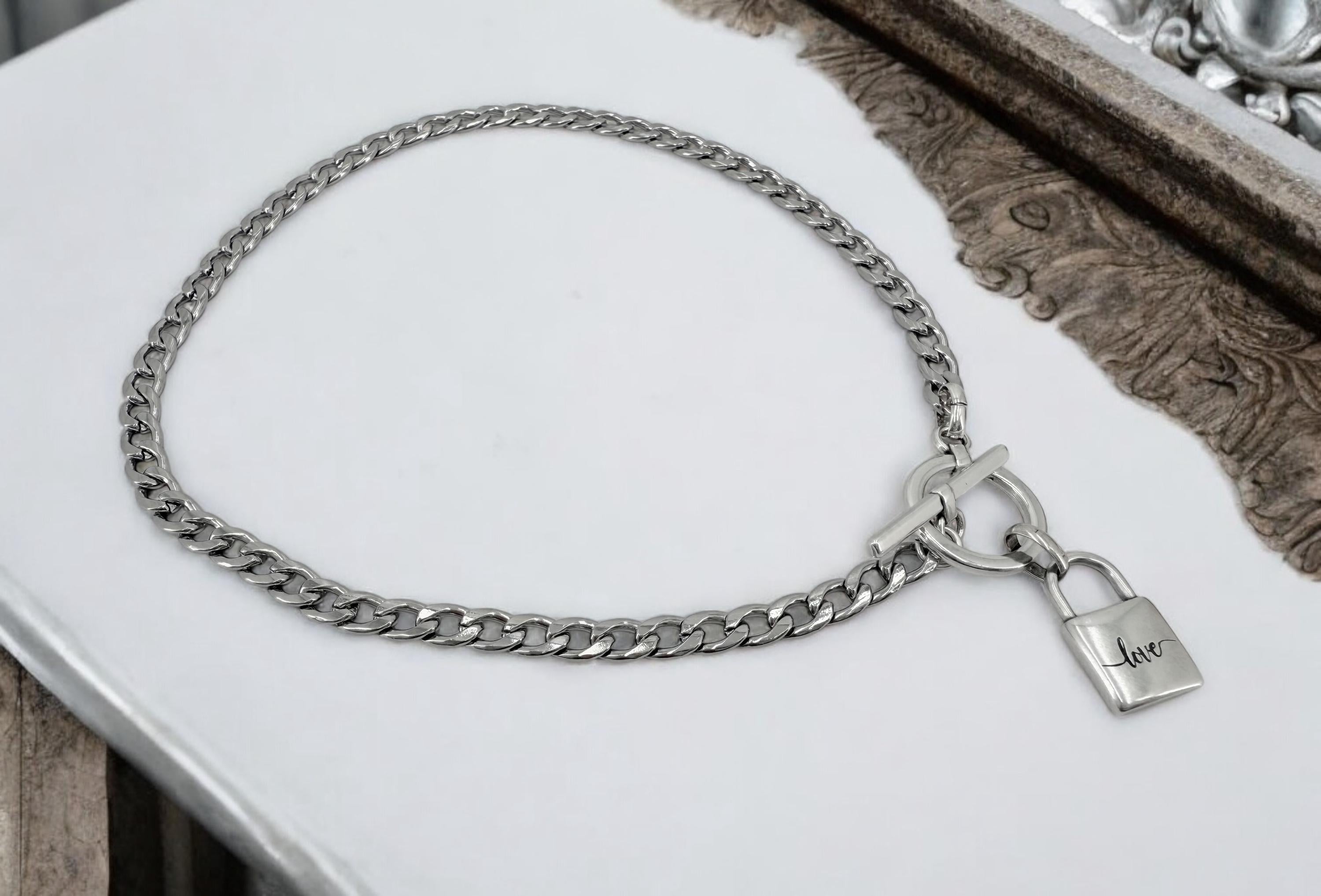 Sculptural “love” Padlock pendant Choker – Dark Silver Cuban Chain with Toggle Clasp – Industrial Romantic Statement Necklace -