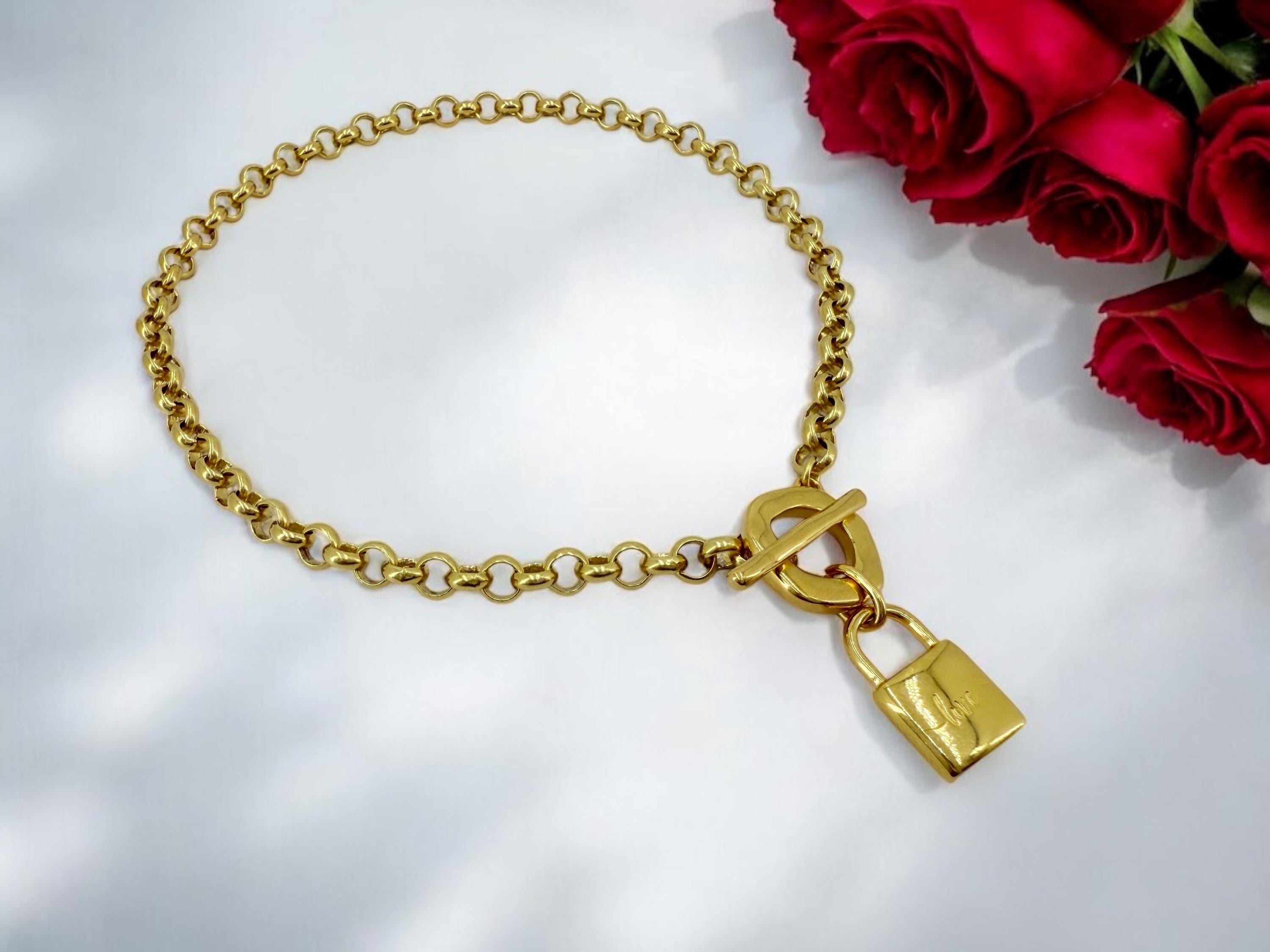Chunky Gold Padlock Necklace – 24k Gold-Plated Rolo Chain with “LOVE” padlock pendant and Toggle Clasp – Handmade Statement Choker