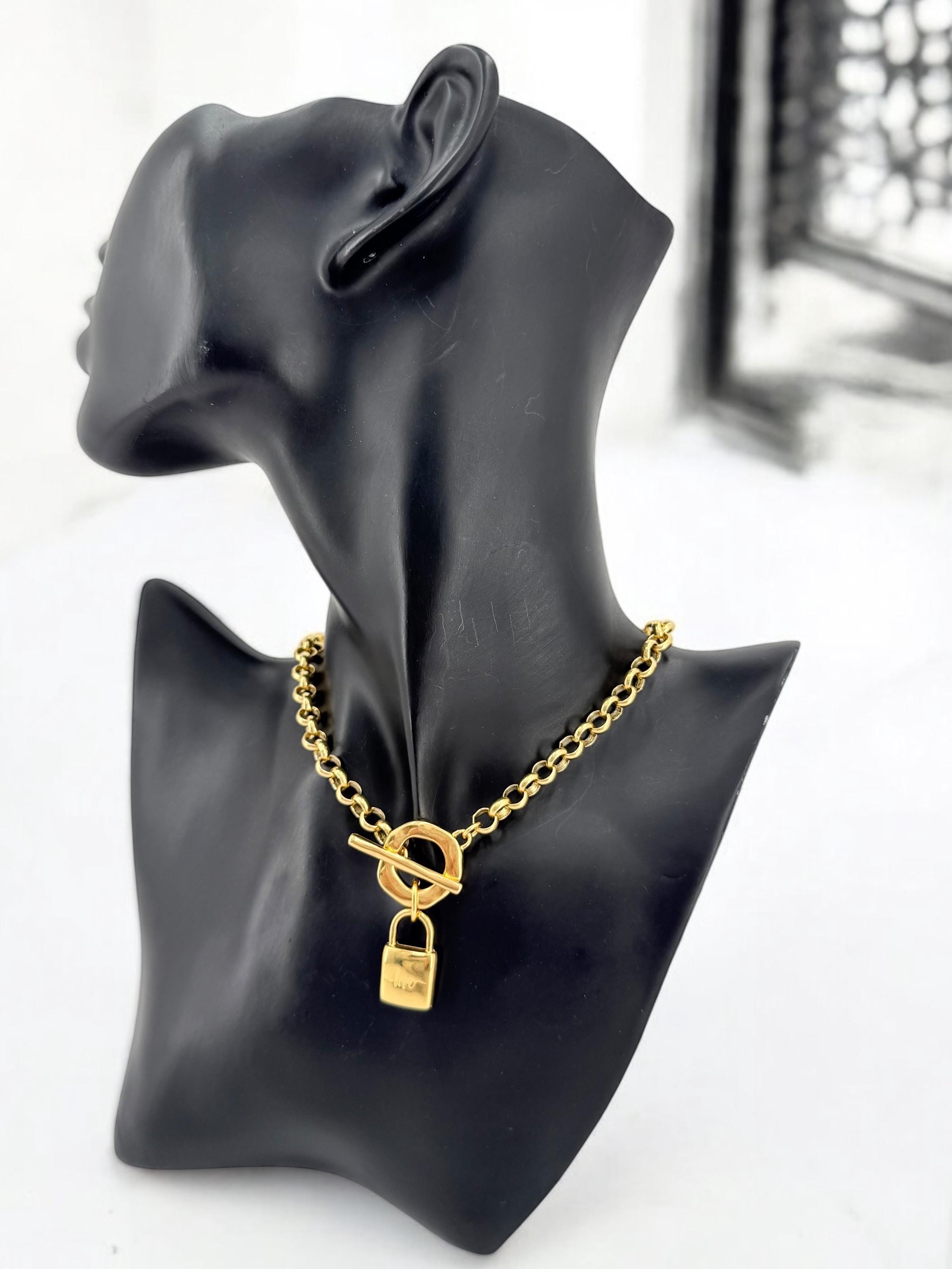 Chunky Gold Padlock Necklace – 24k Gold-Plated Rolo Chain with “LOVE” padlock pendant and Toggle Clasp – Handmade Statement Choker