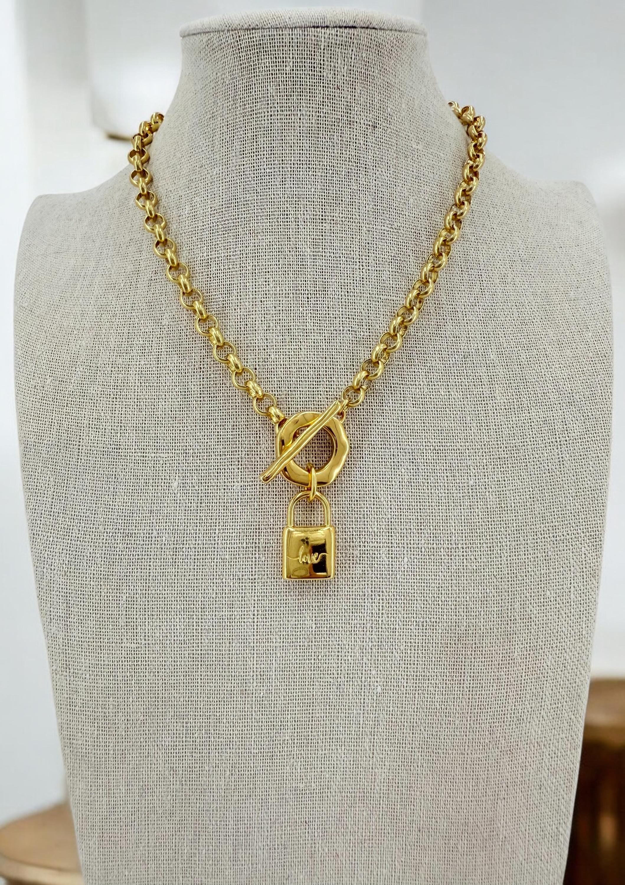 Chunky Gold Padlock Necklace – 24k Gold-Plated Rolo Chain with “LOVE” padlock pendant and Toggle Clasp – Handmade Statement Choker