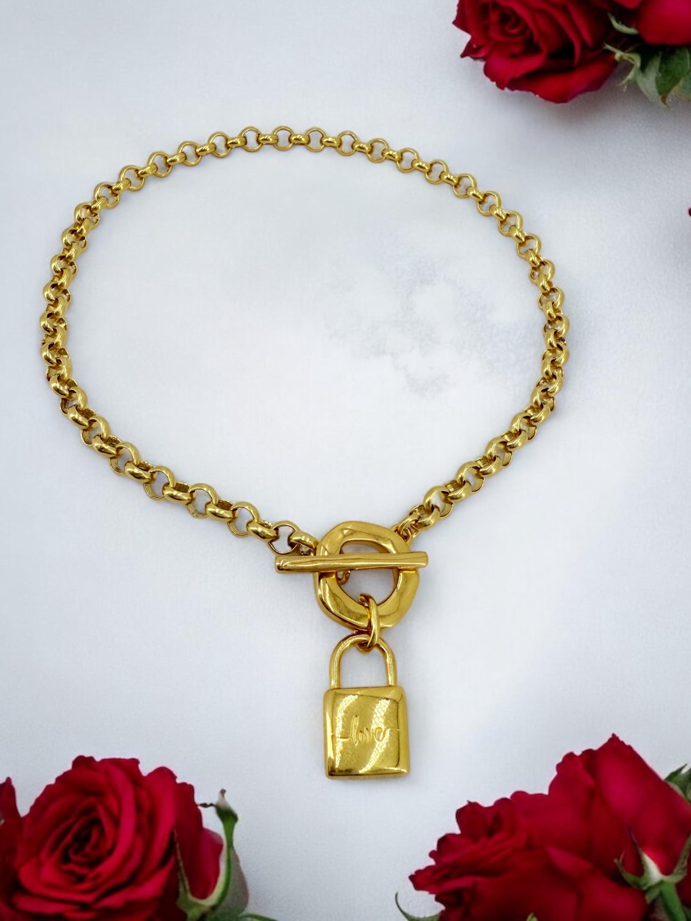 Chunky Gold Padlock Necklace – 24k Gold-Plated Rolo Chain with “LOVE” padlock pendant and Toggle Clasp – Handmade Statement Choker