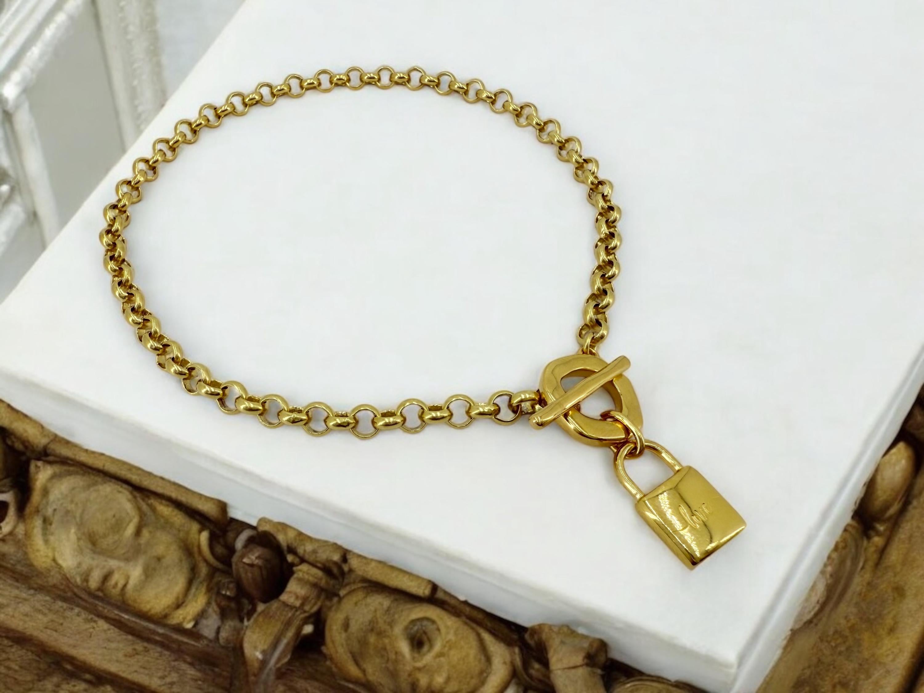 Chunky Gold Padlock Necklace – 24k Gold-Plated Rolo Chain with “LOVE” padlock pendant and Toggle Clasp – Handmade Statement Choker
