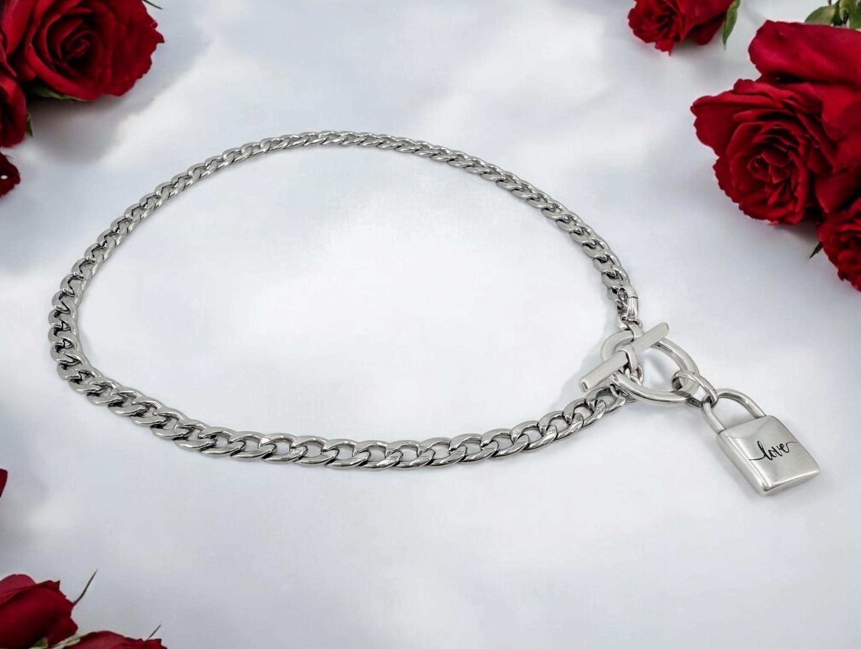 Sculptural “love” Padlock pendant Choker – Dark Silver Cuban Chain with Toggle Clasp – Industrial Romantic Statement Necklace -