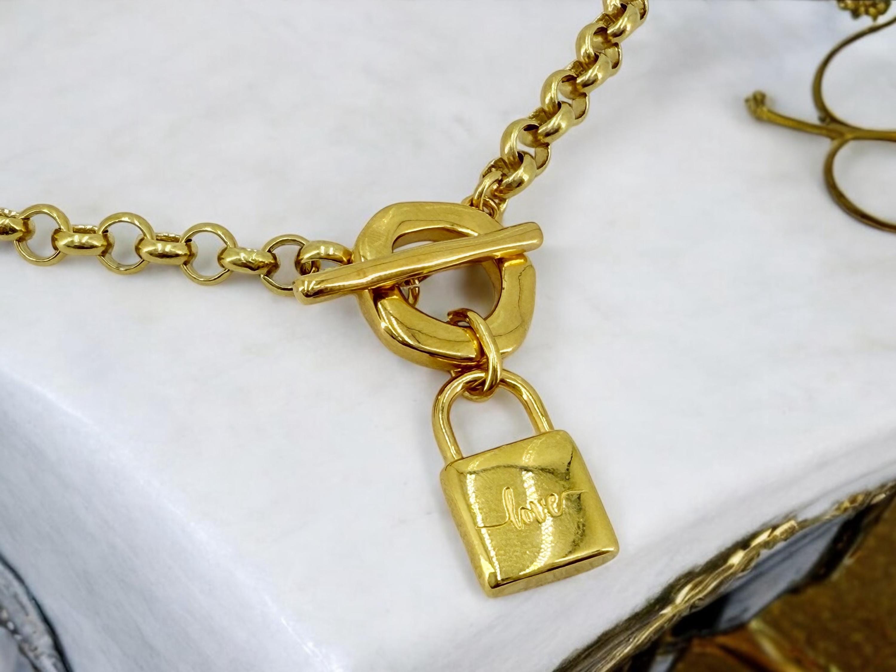 Chunky Gold Padlock Necklace – 24k Gold-Plated Rolo Chain with “LOVE” padlock pendant and Toggle Clasp – Handmade Statement Choker