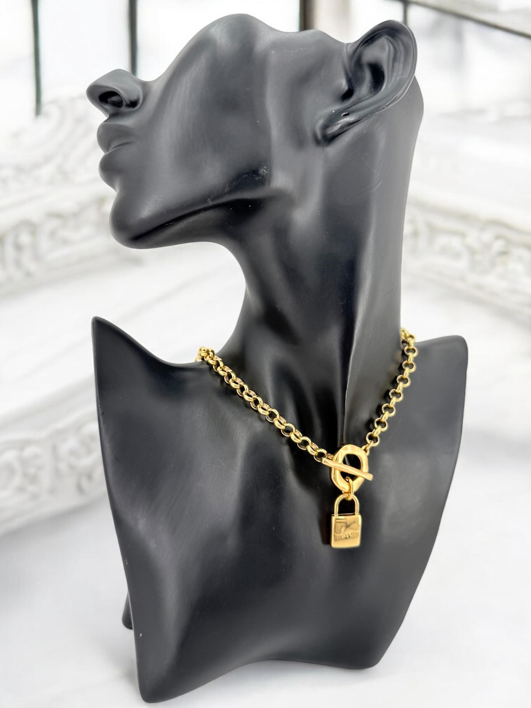 Chunky Gold Padlock Necklace – 24k Gold-Plated Rolo Chain with “LOVE” padlock pendant and Toggle Clasp – Handmade Statement Choker