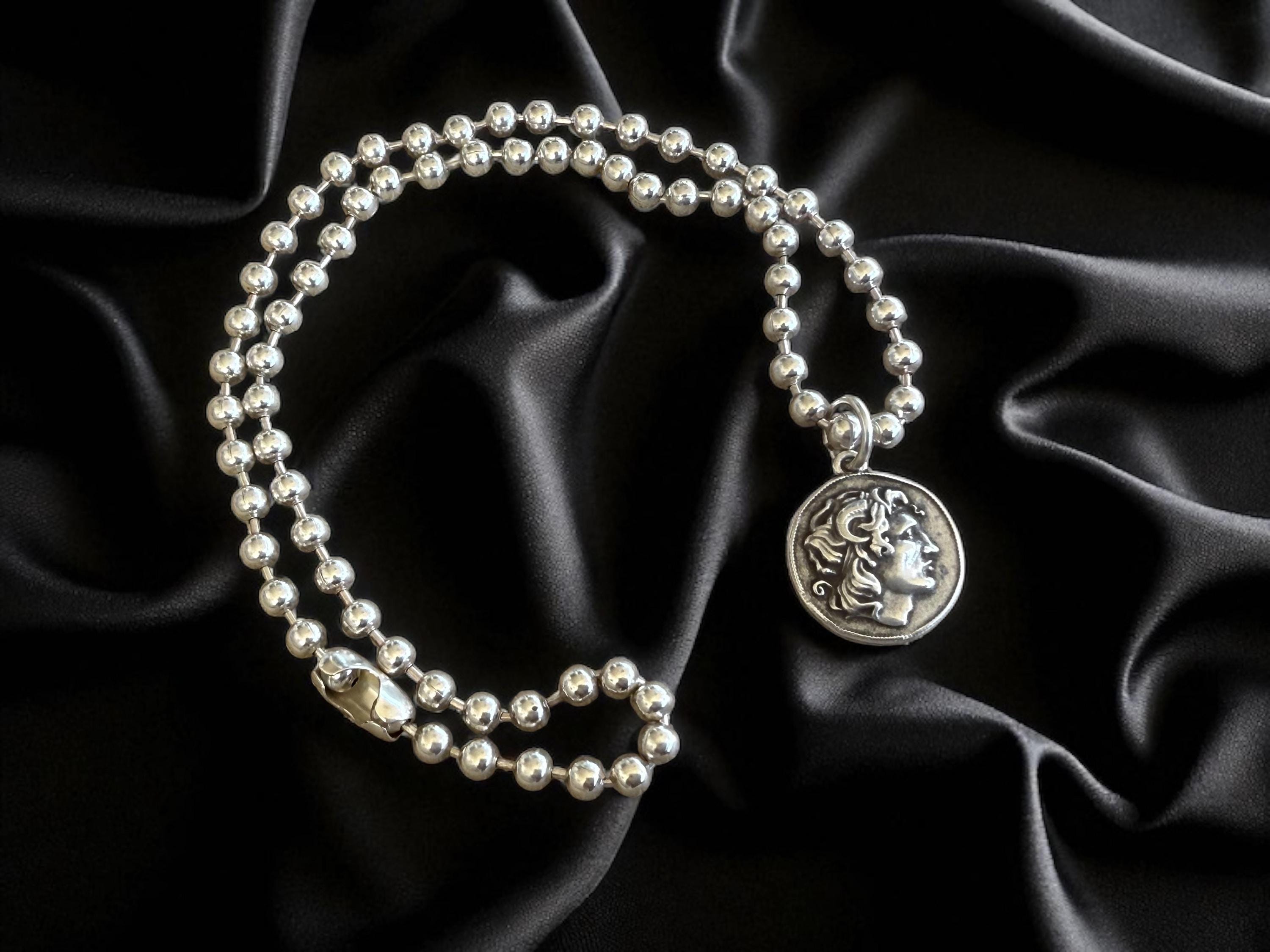 Alexander the Great Coin Necklace – Silver-Plated Beaded Chain with Greek Medallion – Handmade Historical Jewelry