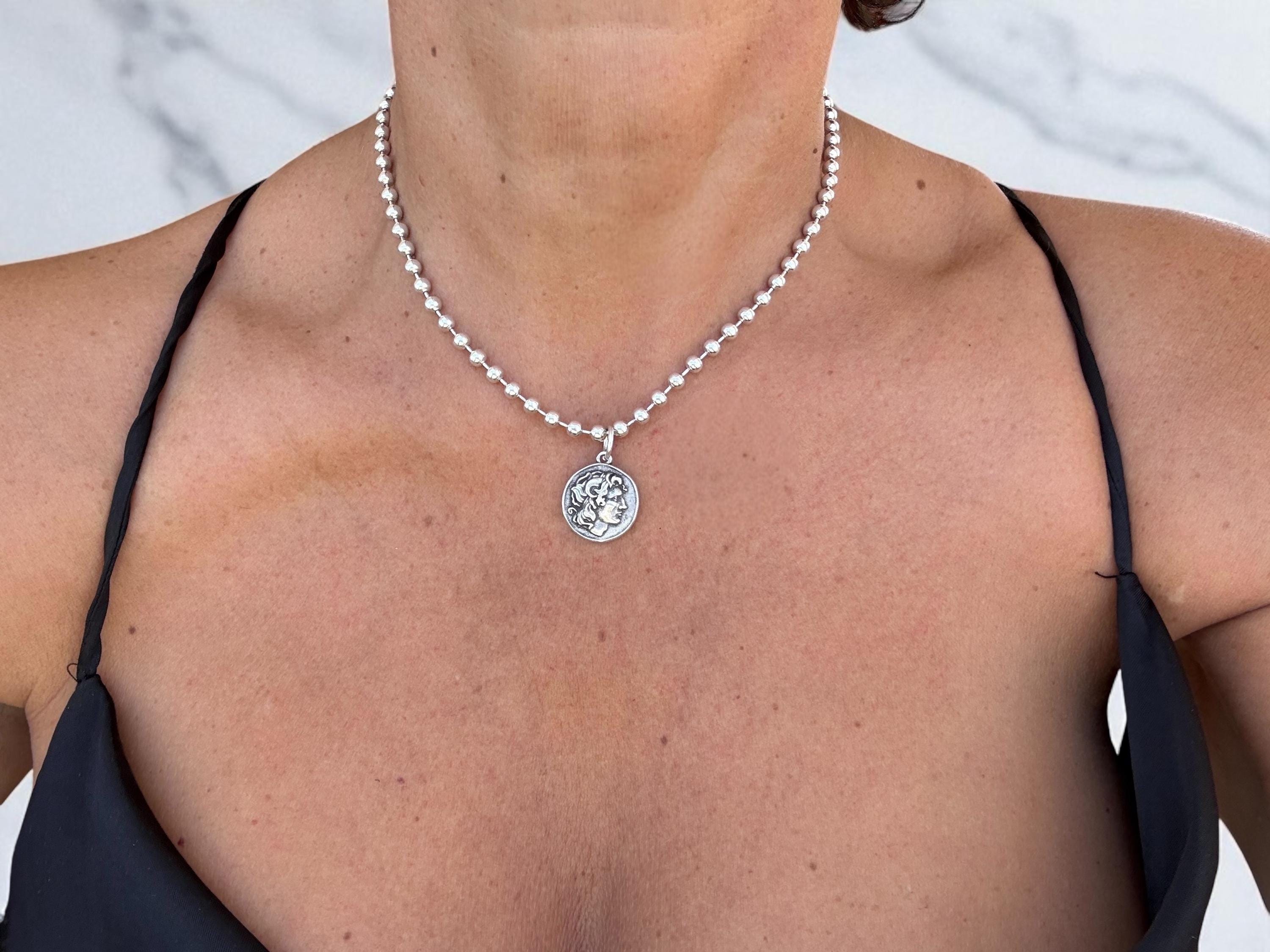 Alexander the Great Coin Necklace – Silver-Plated Beaded Chain with Greek Medallion – Handmade Historical Jewelry