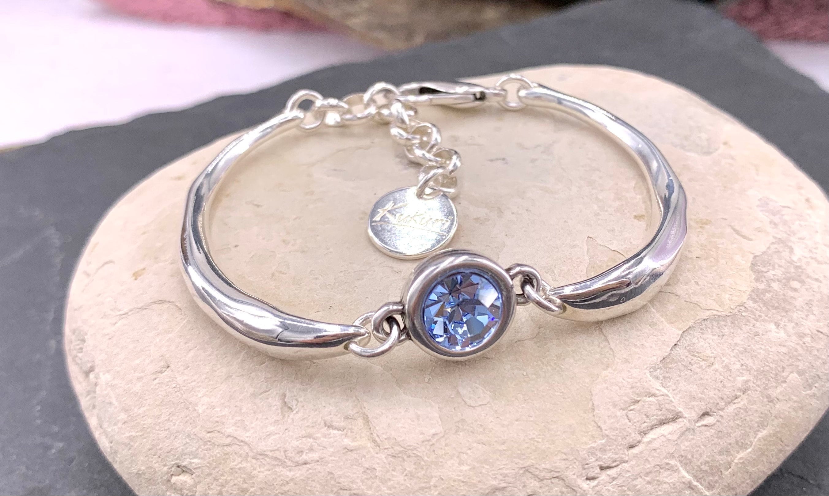 Curved Silver-Plated Bracelet with Swarovski Crystal – Semi-Rigid, Minimalist exclusive Kukuri Design – Handmade Adjustable Jewelry -