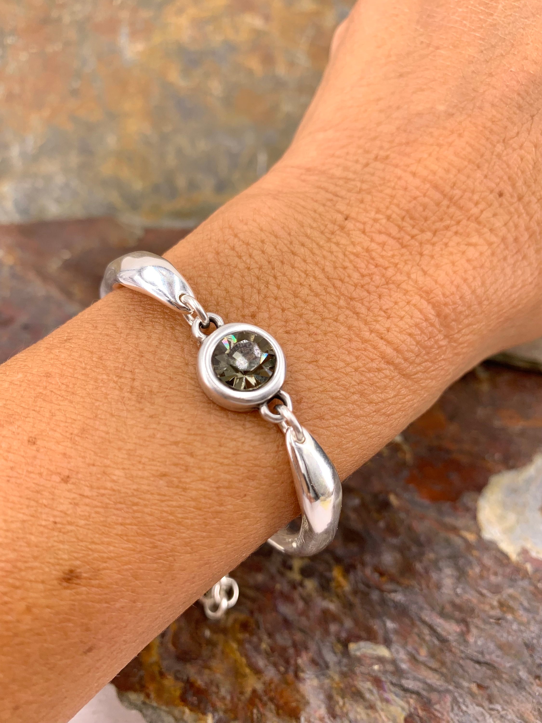 Curved Silver-Plated Bracelet with Swarovski Crystal – Semi-Rigid, Minimalist exclusive Kukuri Design – Handmade Adjustable Jewelry -