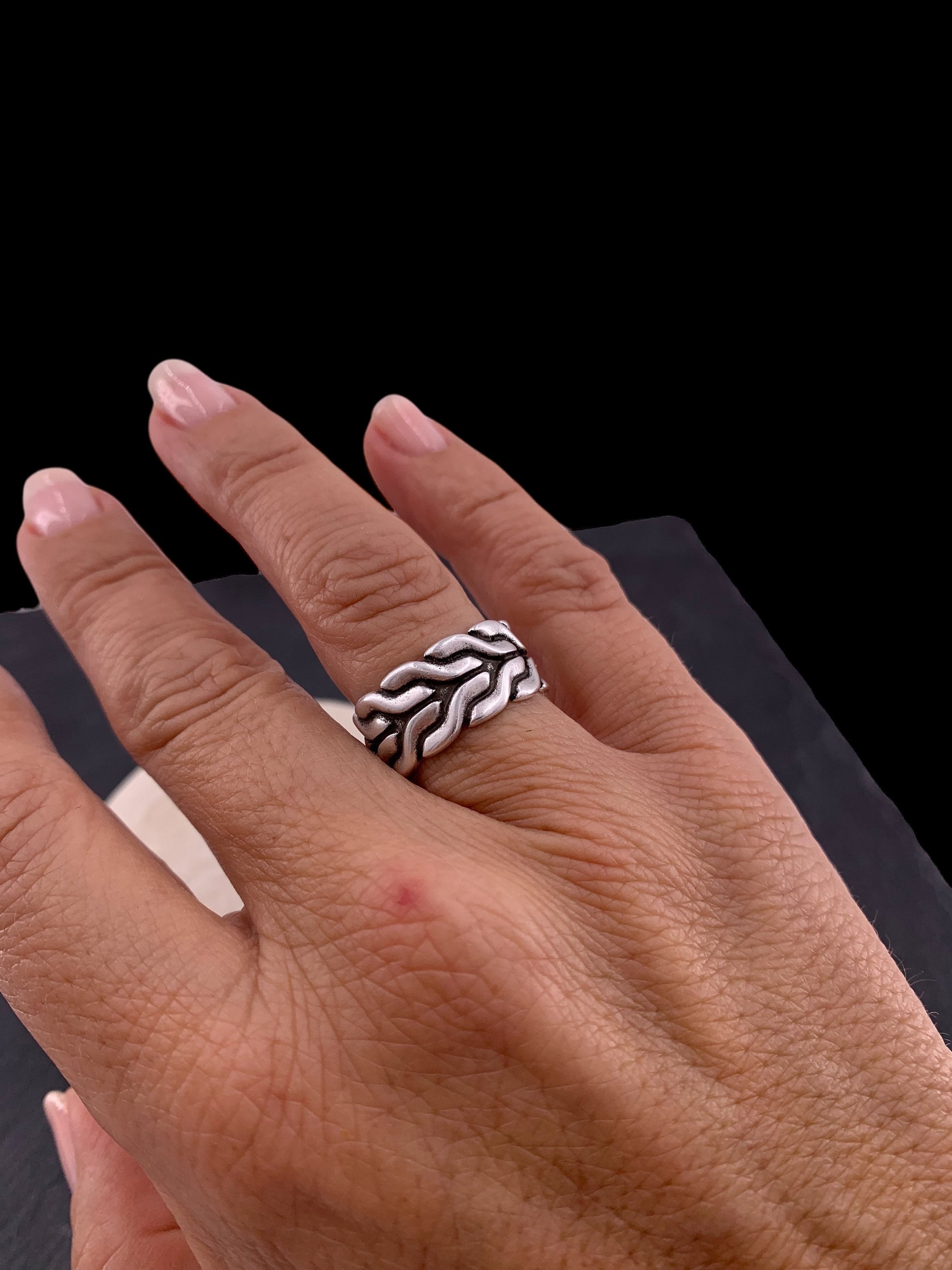 Chunky, wide, open-carved ring with a Celtic chain tribal design, plated in antique silver, bulky ring, bold ring, uno de 50 style ring,