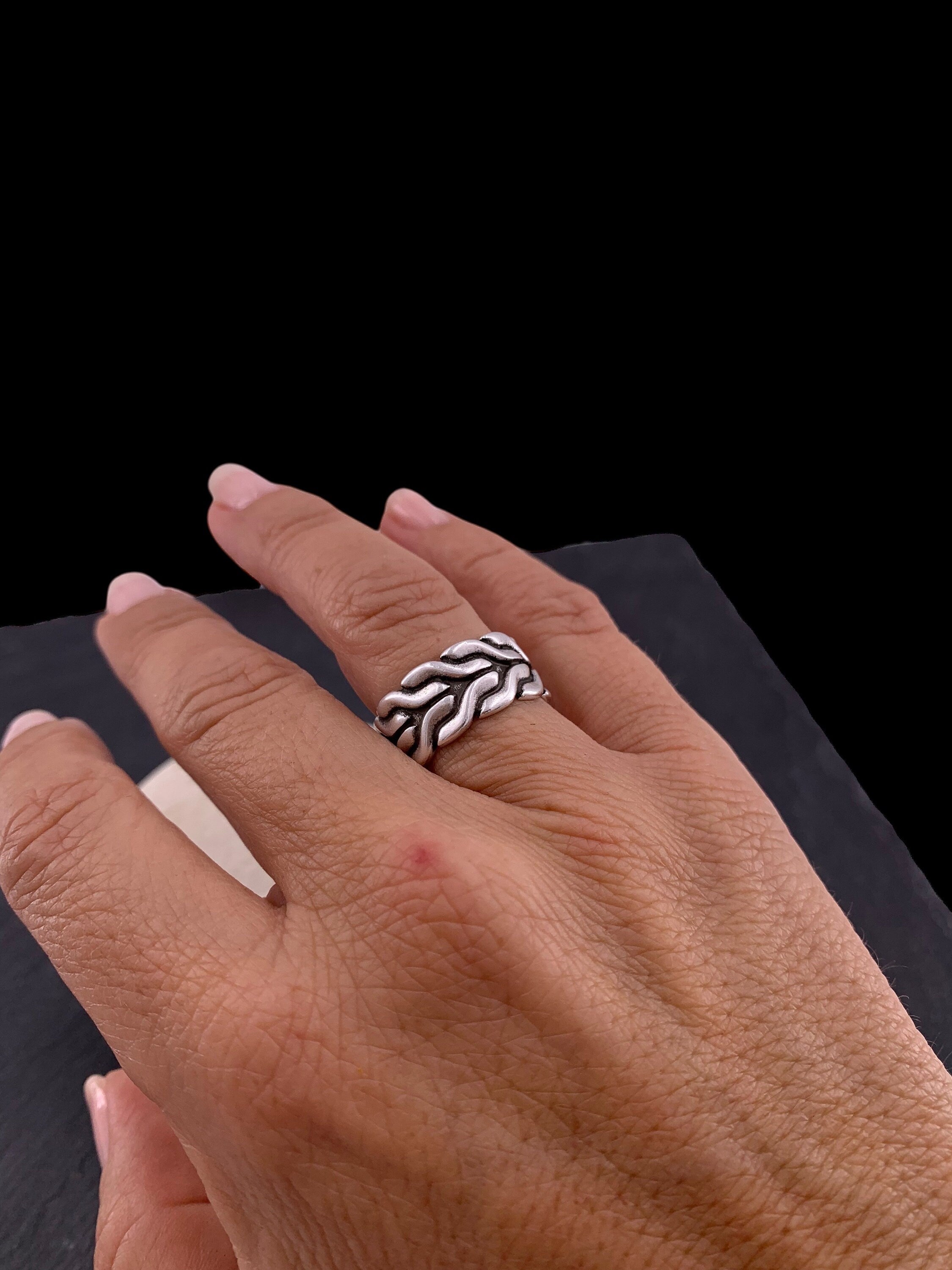 Chunky, wide, open-carved ring with a Celtic chain tribal design, plated in antique silver, bulky ring, bold ring, uno de 50 style ring,