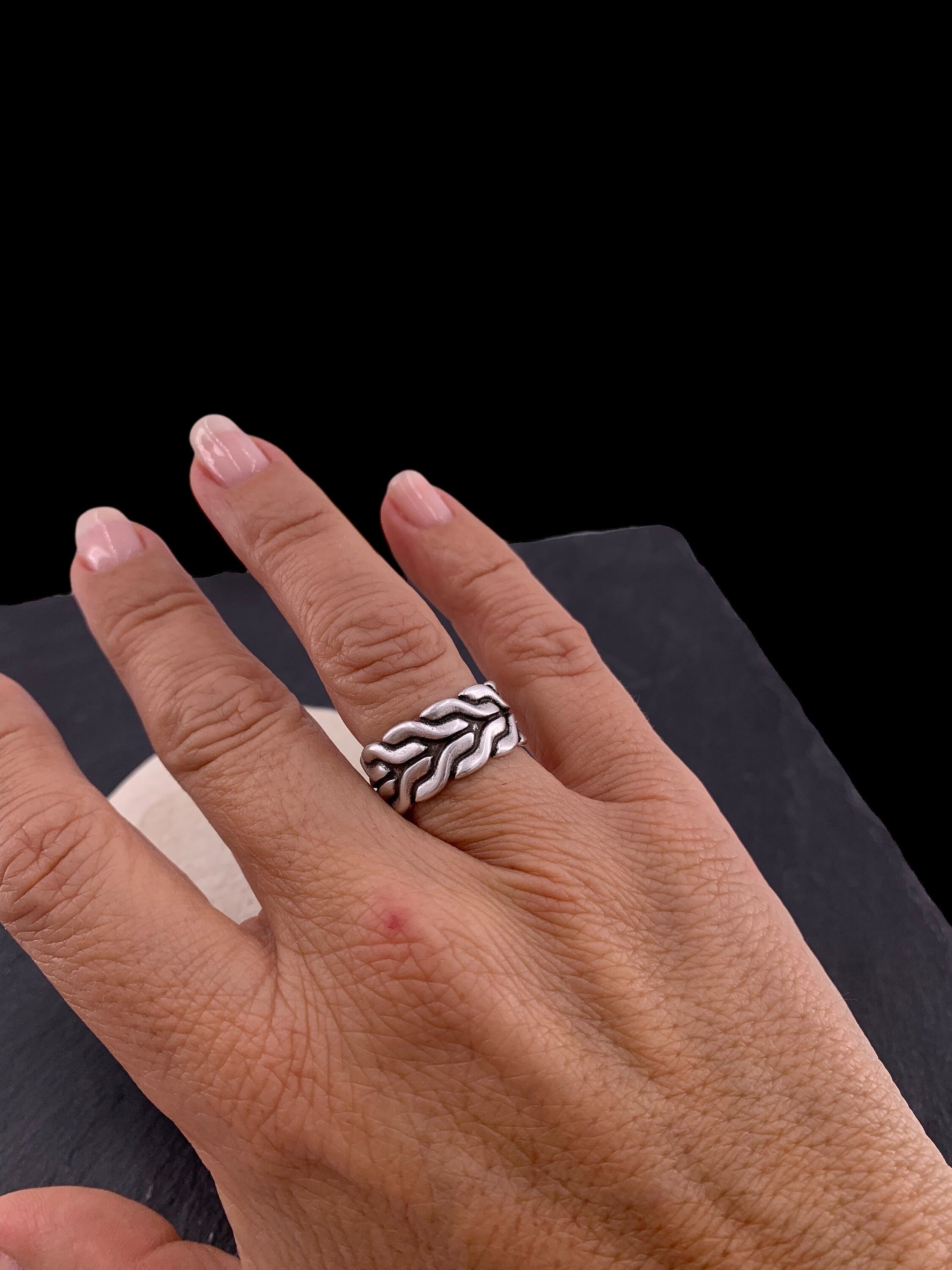 Chunky, wide, open-carved ring with a Celtic chain tribal design, plated in antique silver, bulky ring, bold ring, uno de 50 style ring,