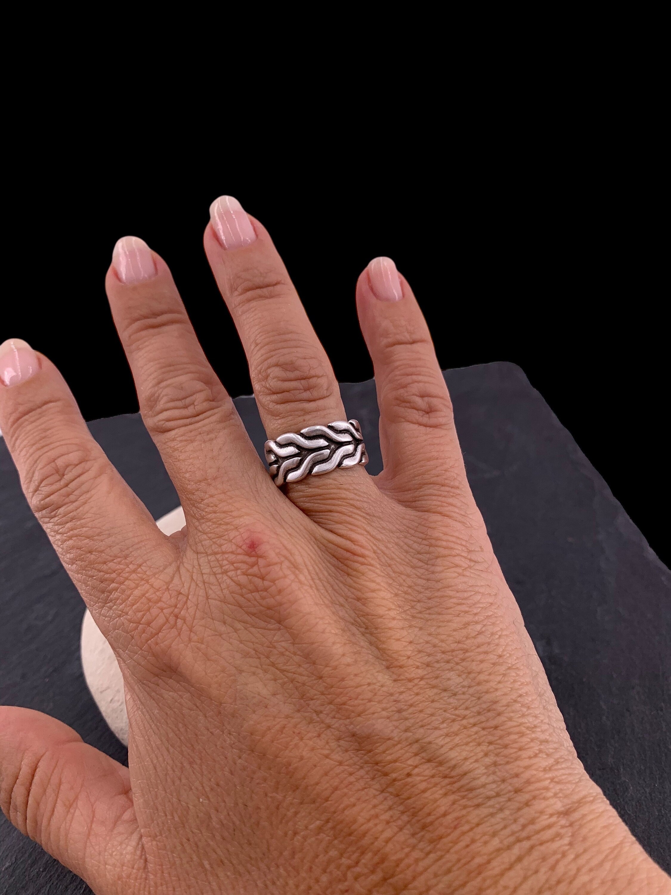 Chunky, wide, open-carved ring with a Celtic chain tribal design, plated in antique silver, bulky ring, bold ring, uno de 50 style ring,