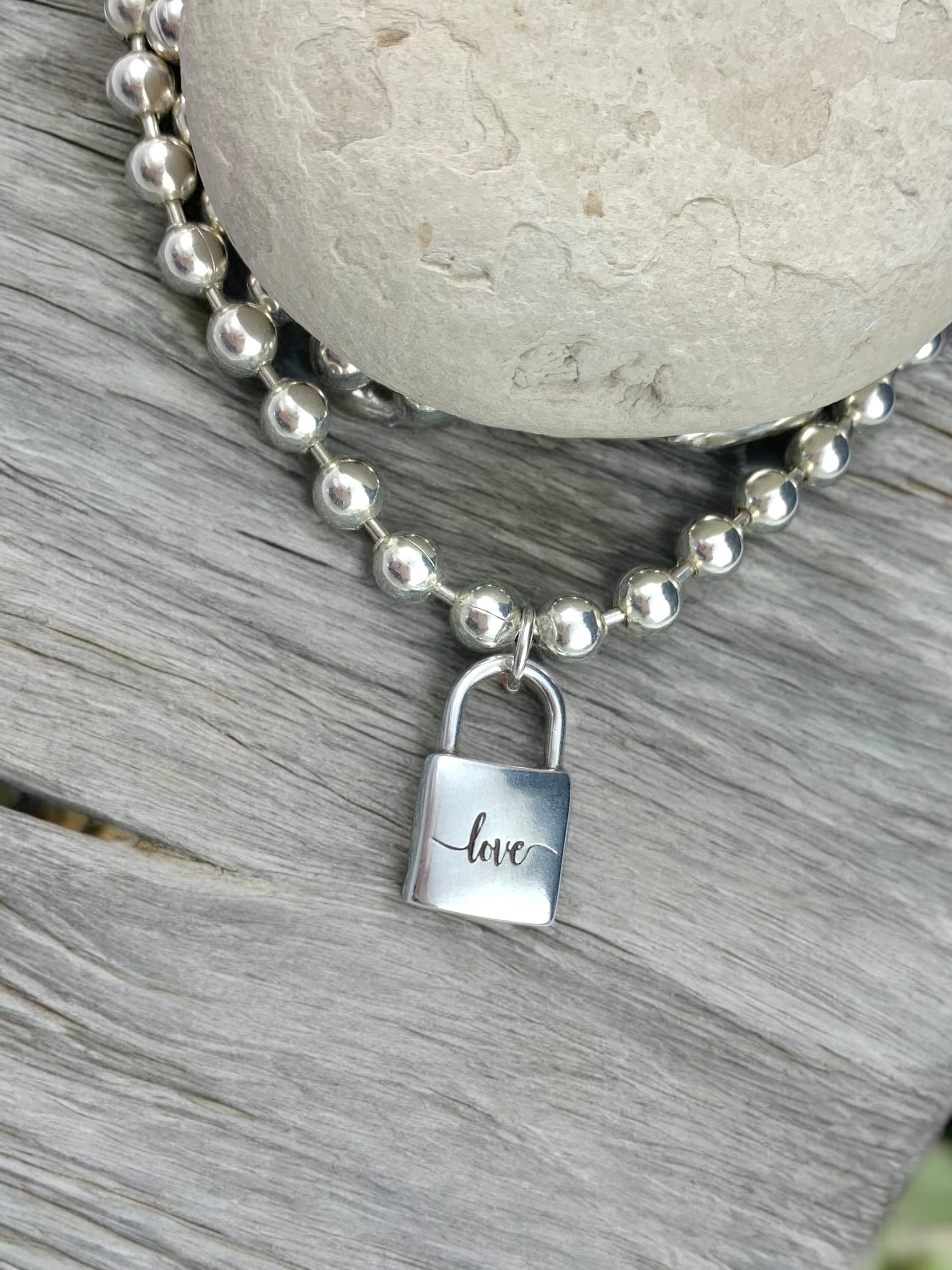 chunky balls silver chain necklace with padlok pendant, thick ball chain necklace, uno de 50 style, silver choker, solid ball chain choker,