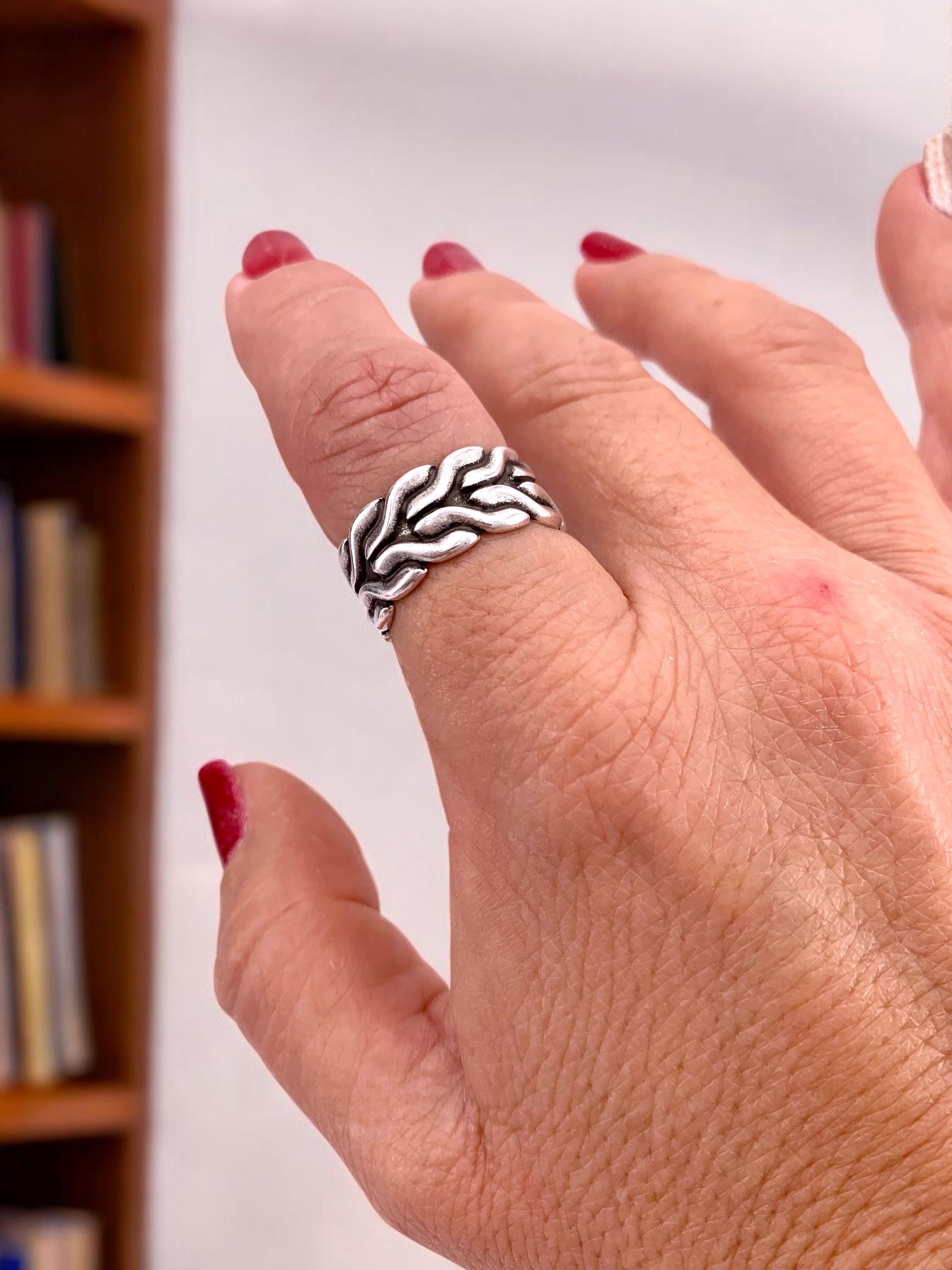 Chunky, wide, open-carved ring with a Celtic chain tribal design, plated in antique silver, bulky ring, bold ring, uno de 50 style ring,