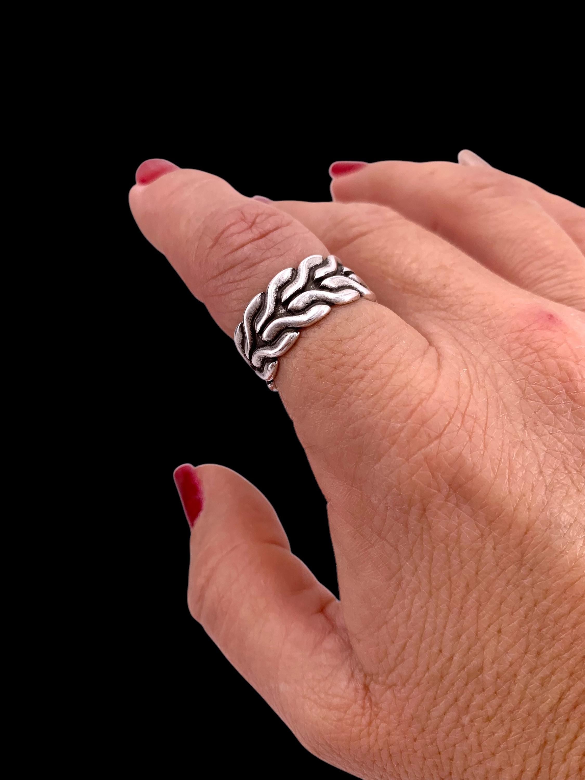 Chunky, wide, open-carved ring with a Celtic chain tribal design, plated in antique silver, bulky ring, bold ring, uno de 50 style ring,