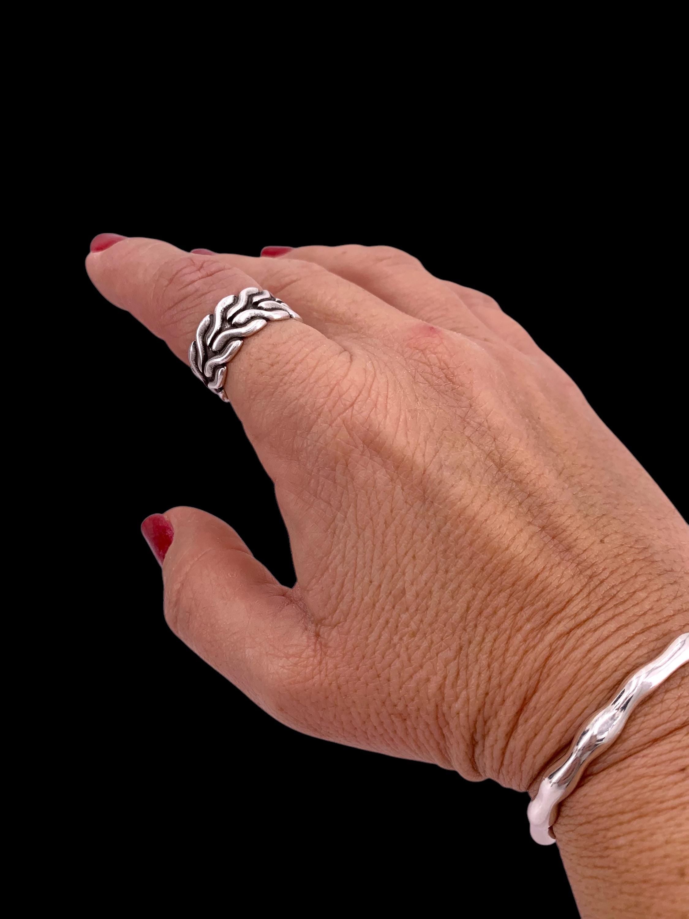 Chunky, wide, open-carved ring with a Celtic chain tribal design, plated in antique silver, bulky ring, bold ring, uno de 50 style ring,