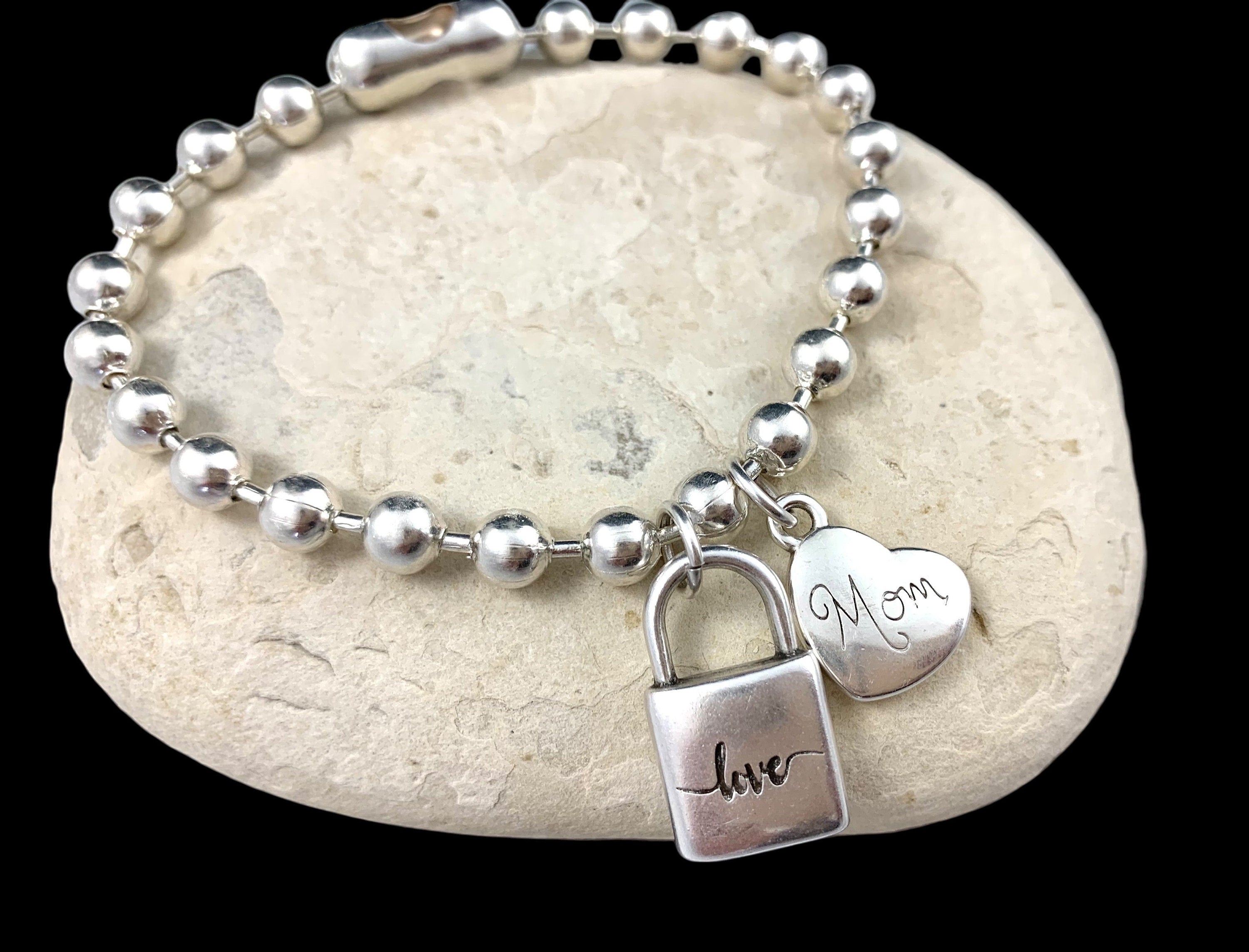 Padlock and heart pendant silver balls chain chunky bracelet for women, bold chain bracelet, thick chain bracelet, mother gift for birthday,