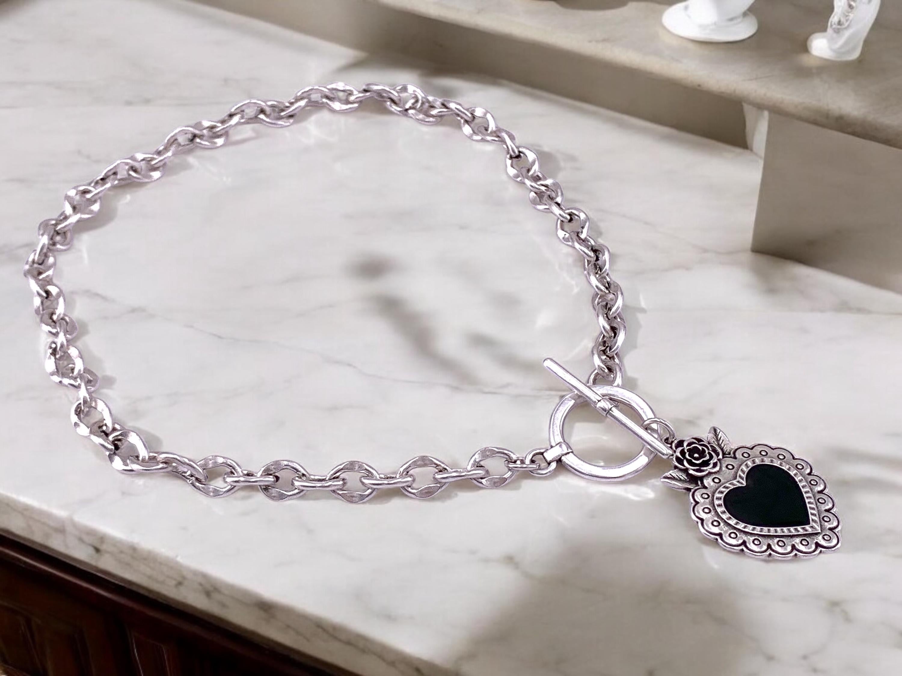 Black and antique silver heart pendant toggle clasp chunky necklace, bold silver chain necklace, statement necklace, gothic heart necklace