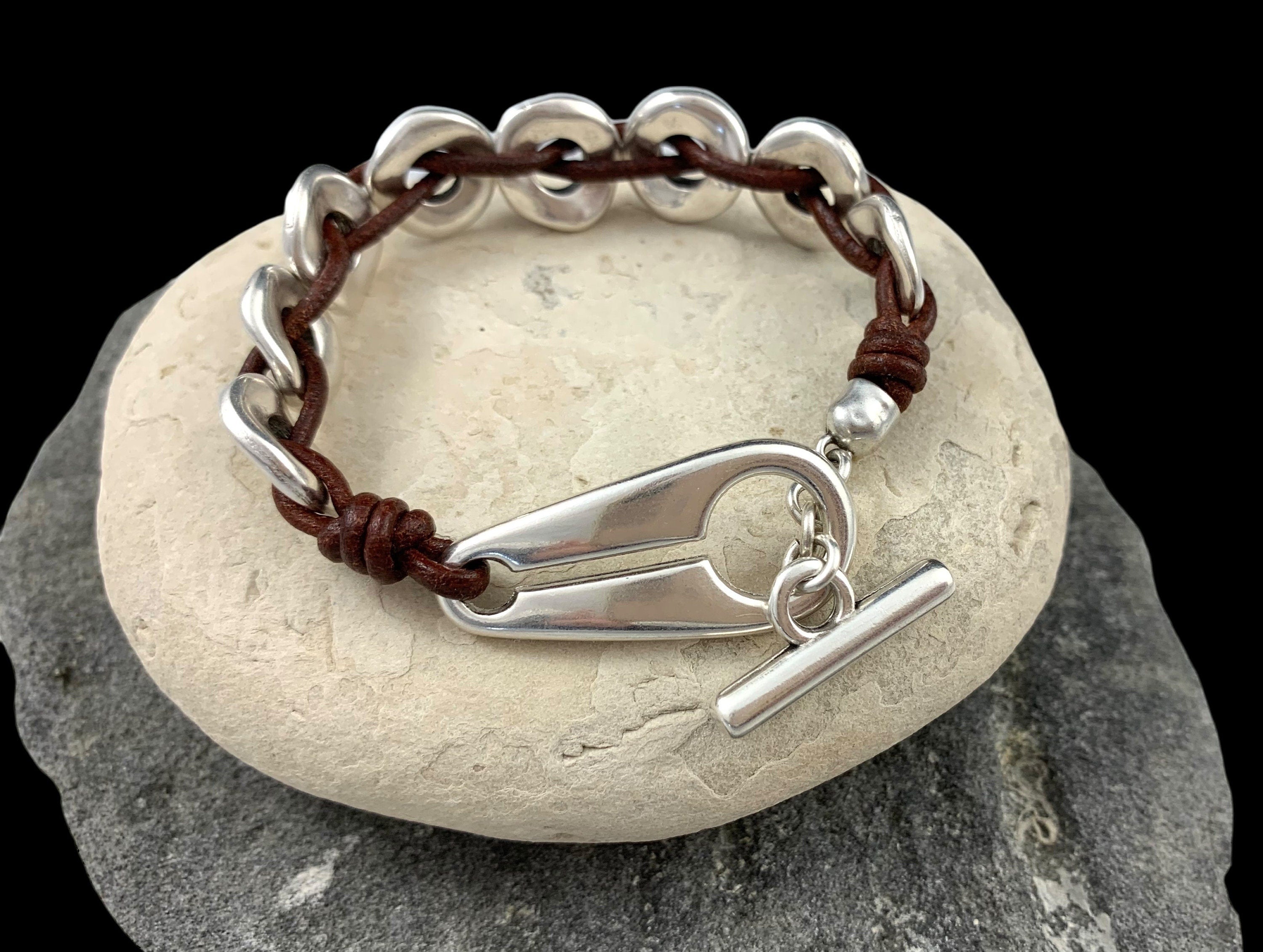 Chunky Silver & Leather Bracelet – Bold Link Design with Toggle Clasp – Unisex cuff, , men and women gift, leather cuff