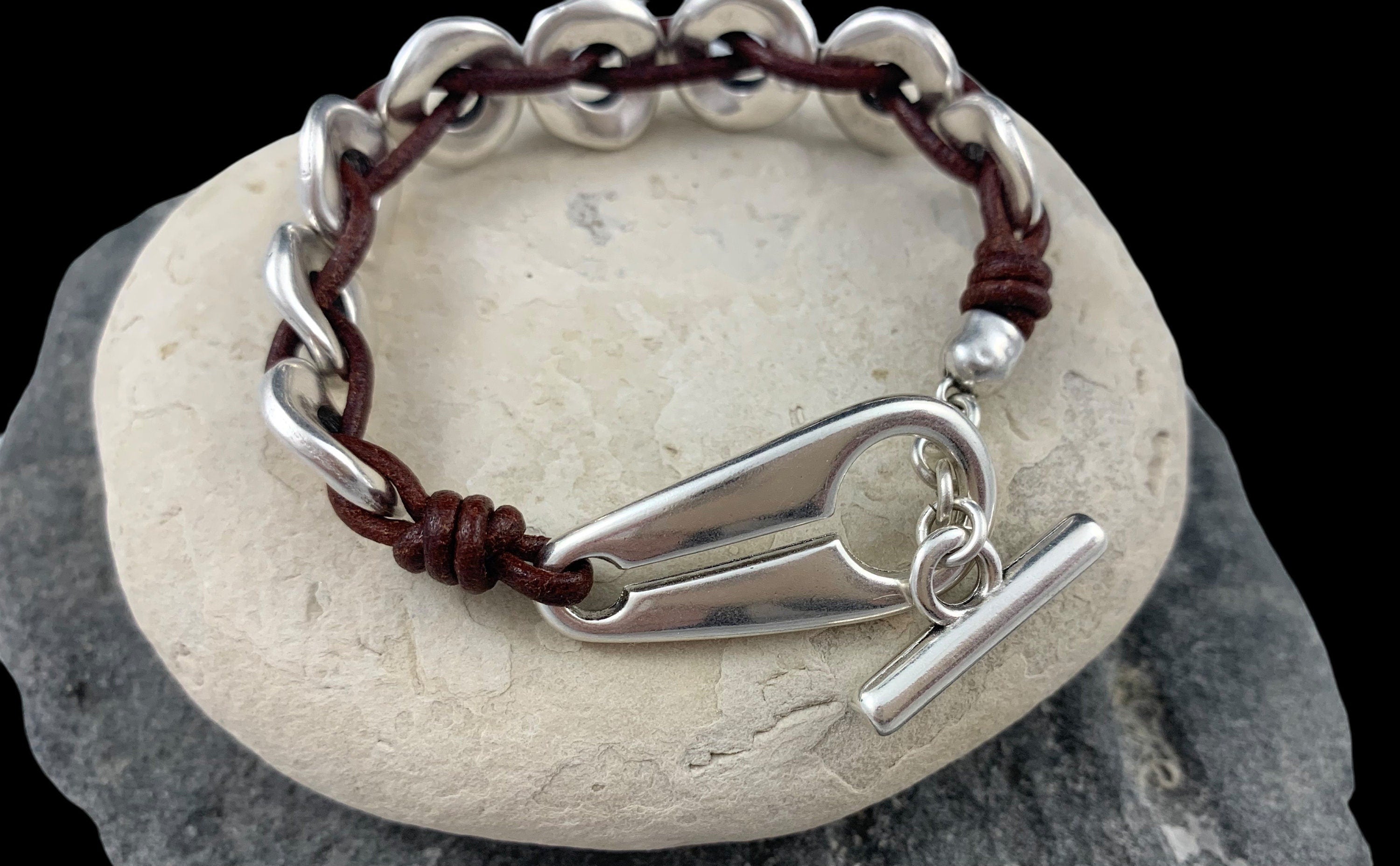 Chunky Silver & Leather Bracelet – Bold Link Design with Toggle Clasp – Unisex cuff, , men and women gift, leather cuff