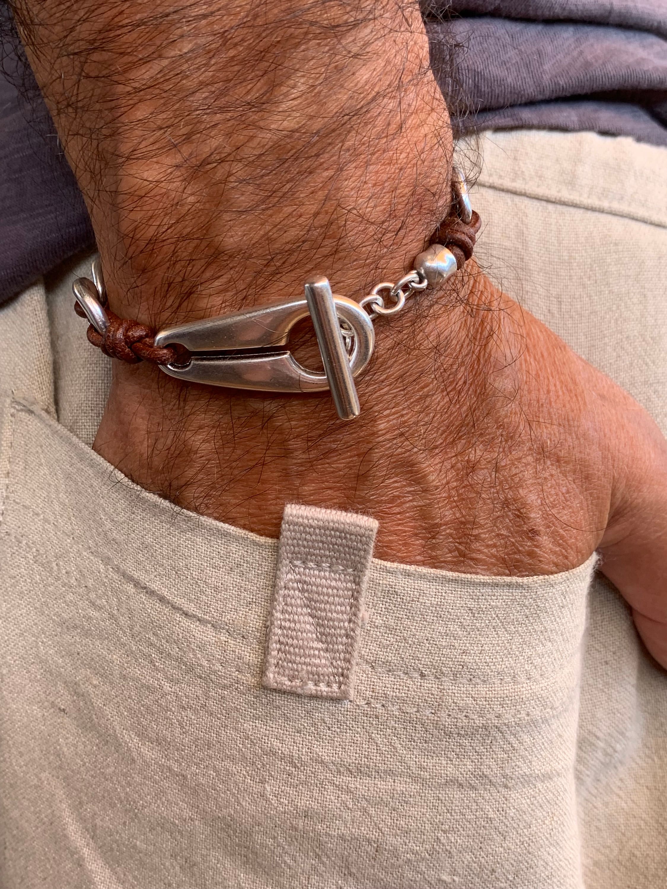 Chunky Silver & Leather Bracelet – Bold Link Design with Toggle Clasp – Unisex cuff, , men and women gift, leather cuff