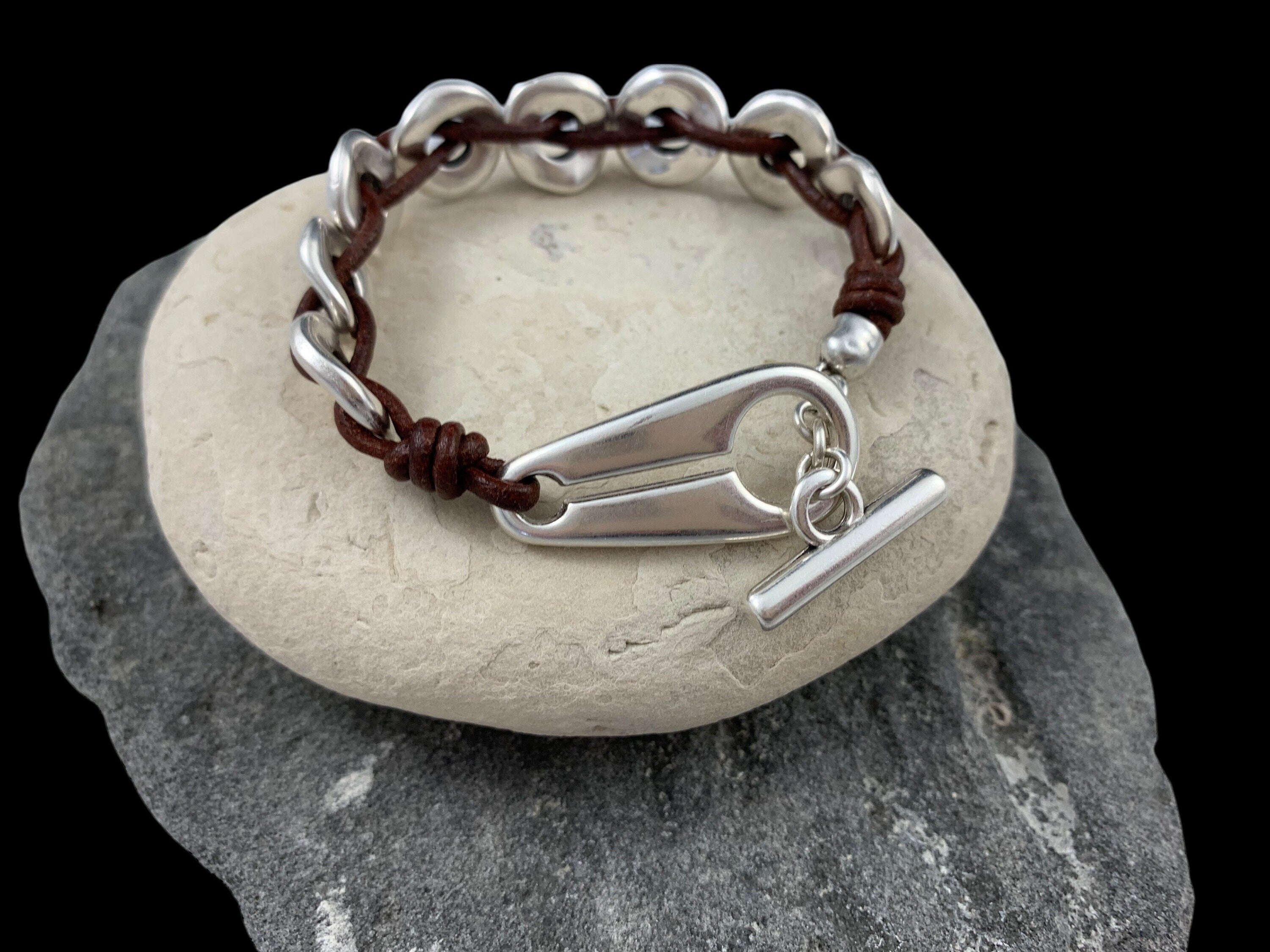 Chunky Silver & Leather Bracelet – Bold Link Design with Toggle Clasp – Unisex cuff, , men and women gift, leather cuff