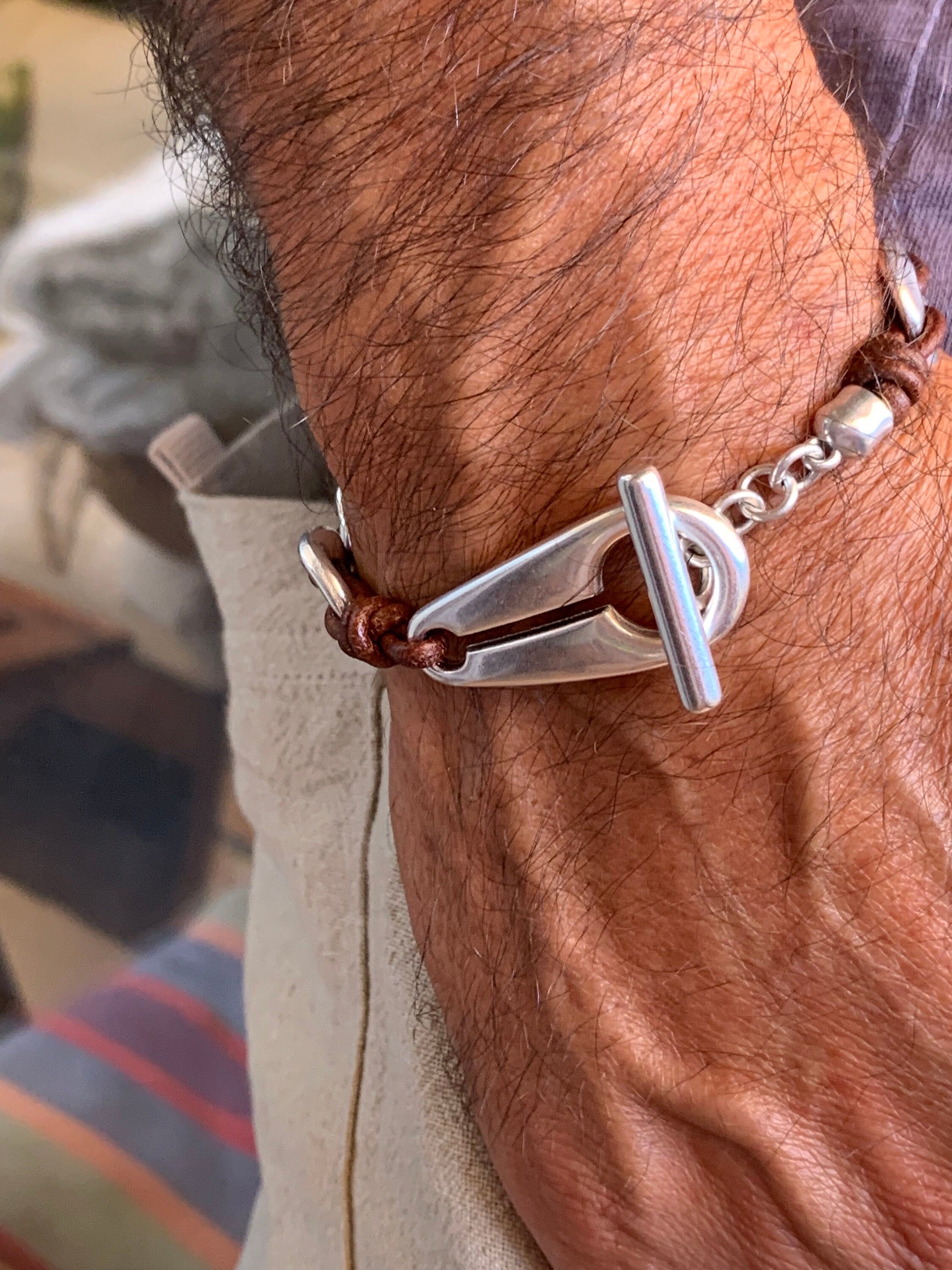 Chunky Silver & Leather Bracelet – Bold Link Design with Toggle Clasp – Unisex cuff, , men and women gift, leather cuff