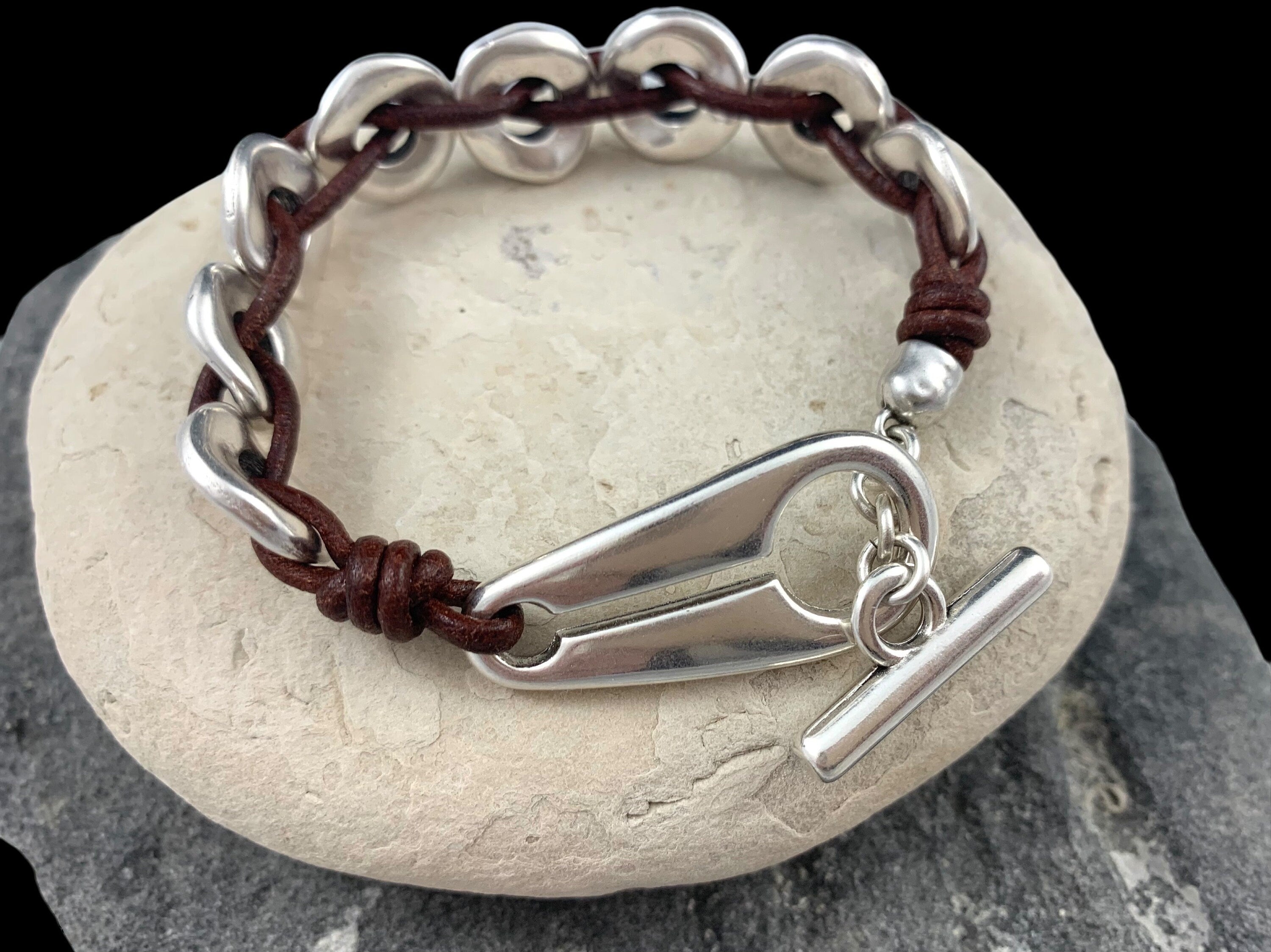 Chunky Silver & Leather Bracelet – Bold Link Design with Toggle Clasp – Unisex cuff, , men and women gift, leather cuff