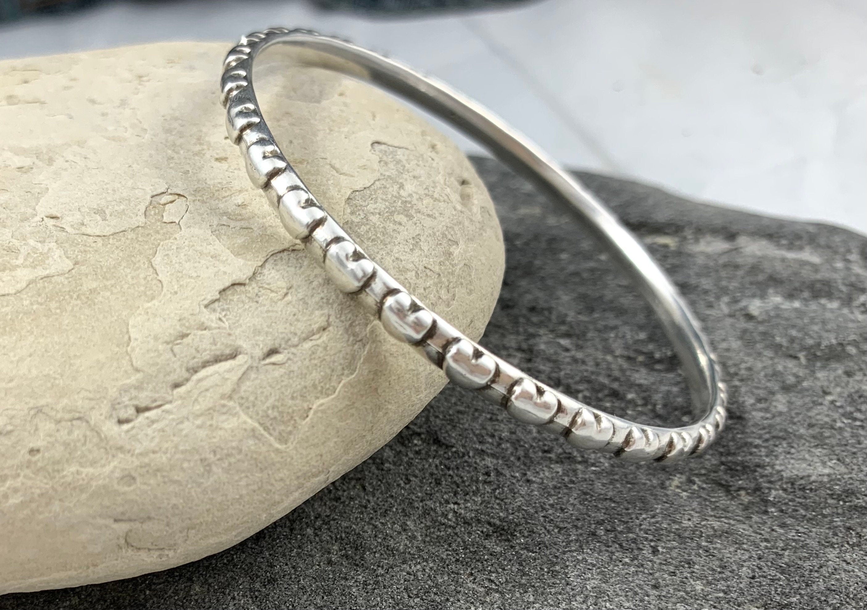 Antique Silver Engraved Bangle – Rigid Cuff Bracelet – Boho Vintage Style – Stackable Handmade Jewelry Gift