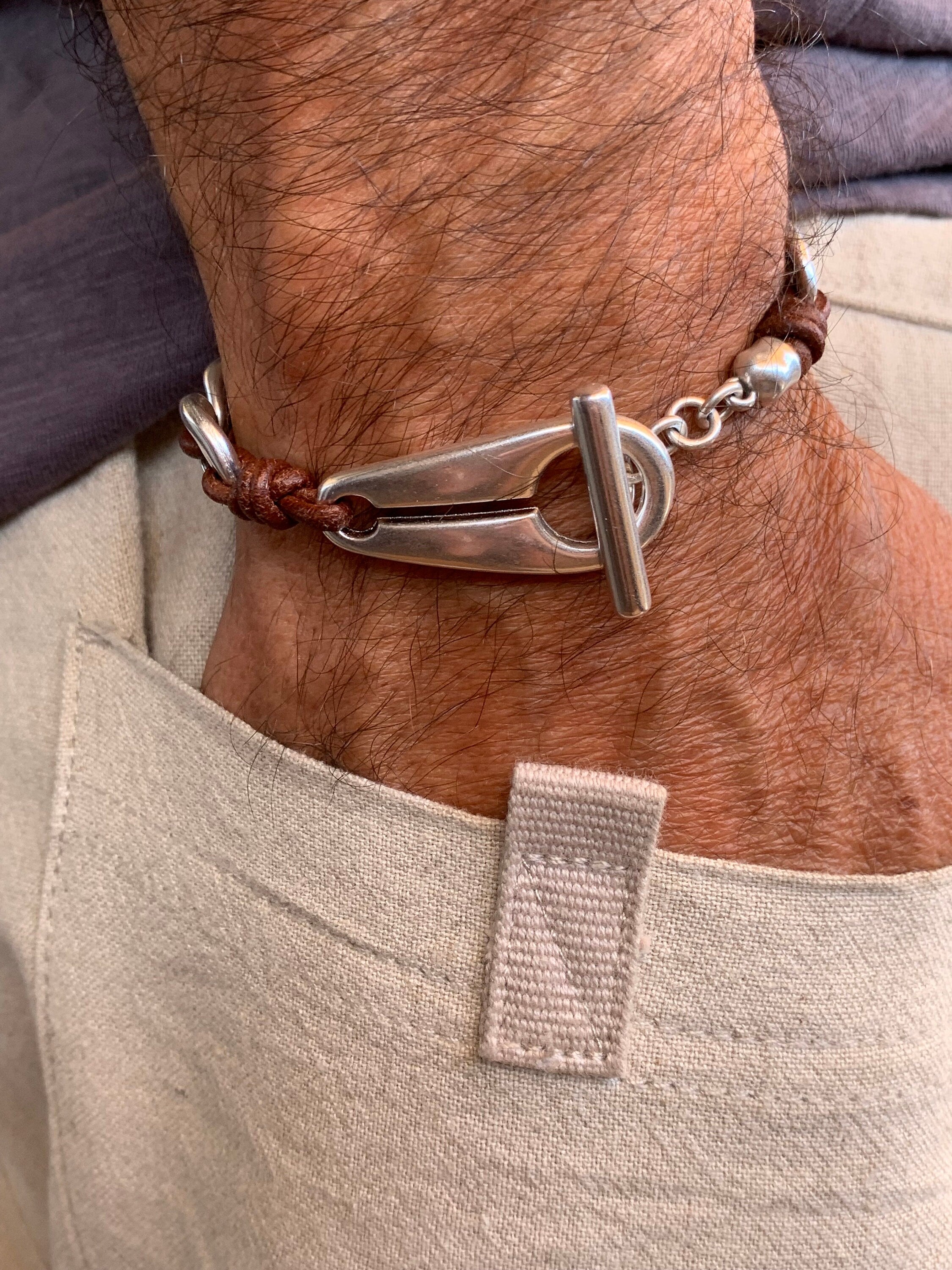 Chunky Silver & Leather Bracelet – Bold Link Design with Toggle Clasp – Unisex cuff, , men and women gift, leather cuff