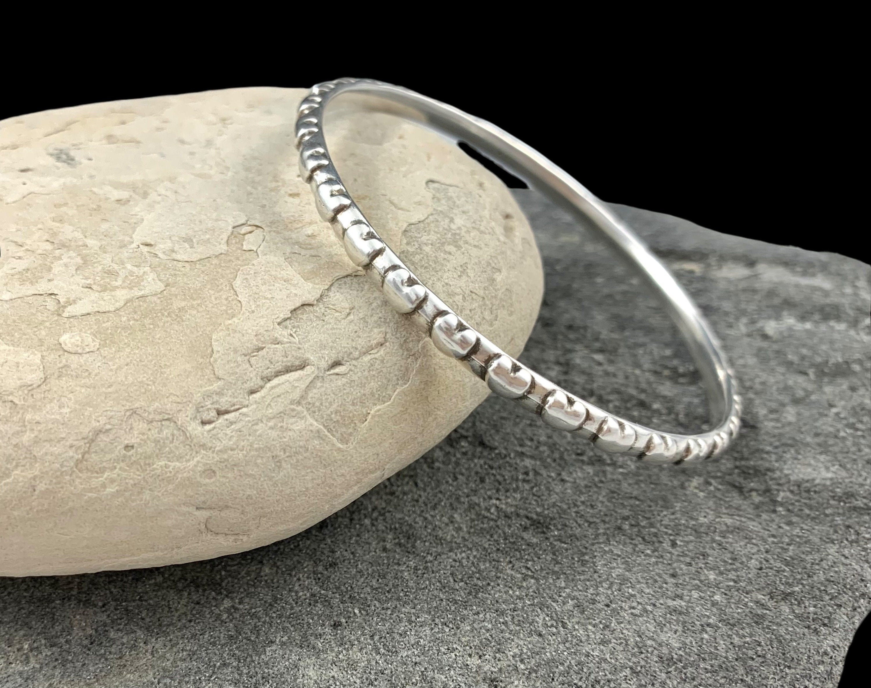 Antique Silver Engraved Bangle – Rigid Cuff Bracelet – Boho Vintage Style – Stackable Handmade Jewelry Gift