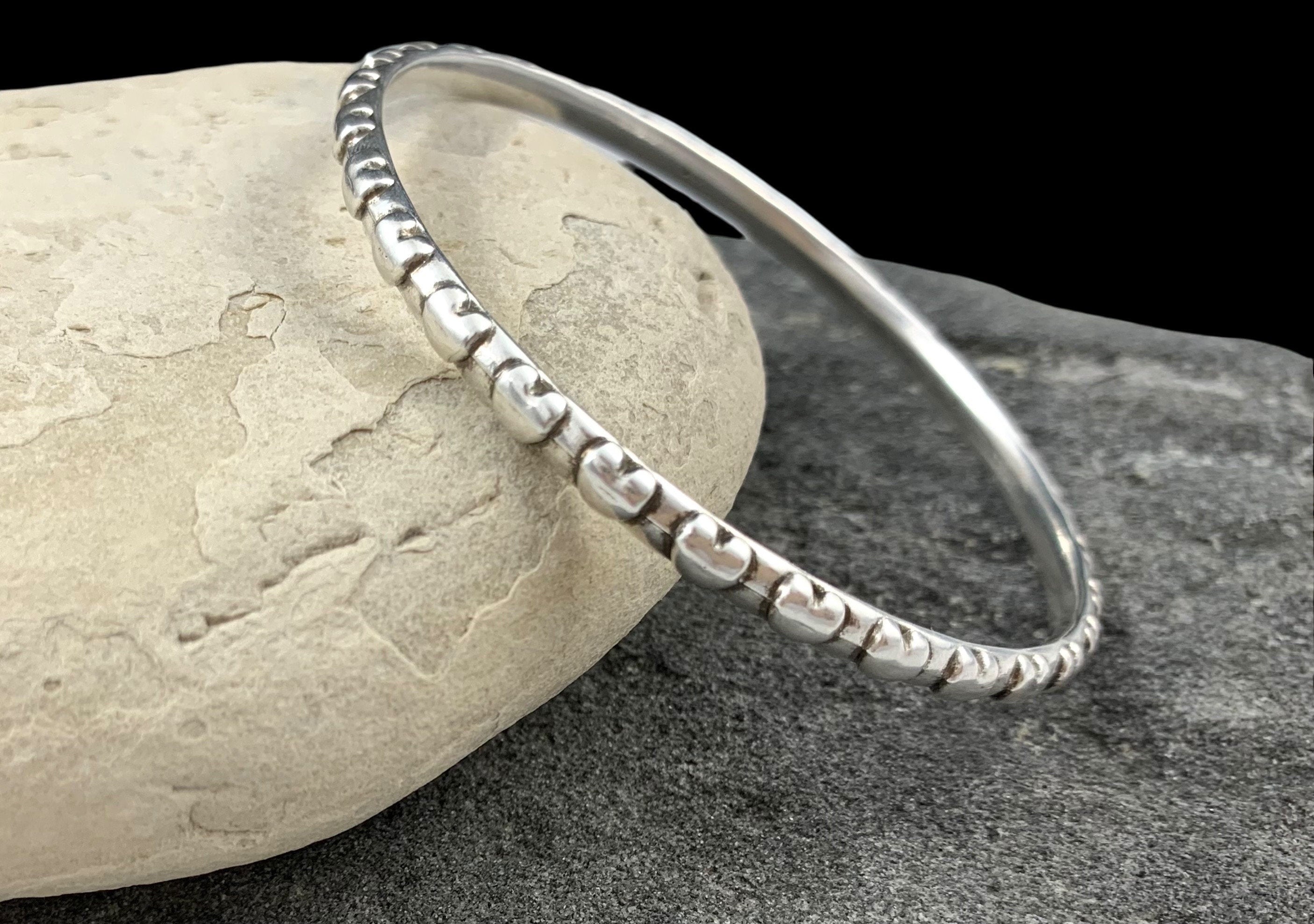 Antique Silver Engraved Bangle – Rigid Cuff Bracelet – Boho Vintage Style – Stackable Handmade Jewelry Gift