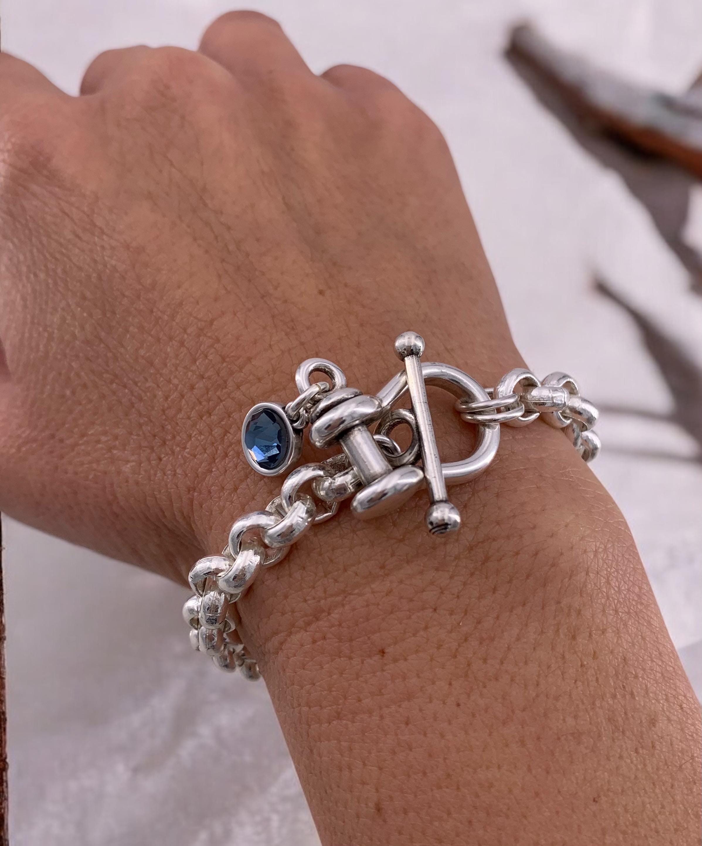 Silver chunky chain bracelet with Swarovski crystal, toggle clasp and padlock pendant, heavyweight bold bracelet, uno de 50 style, gift