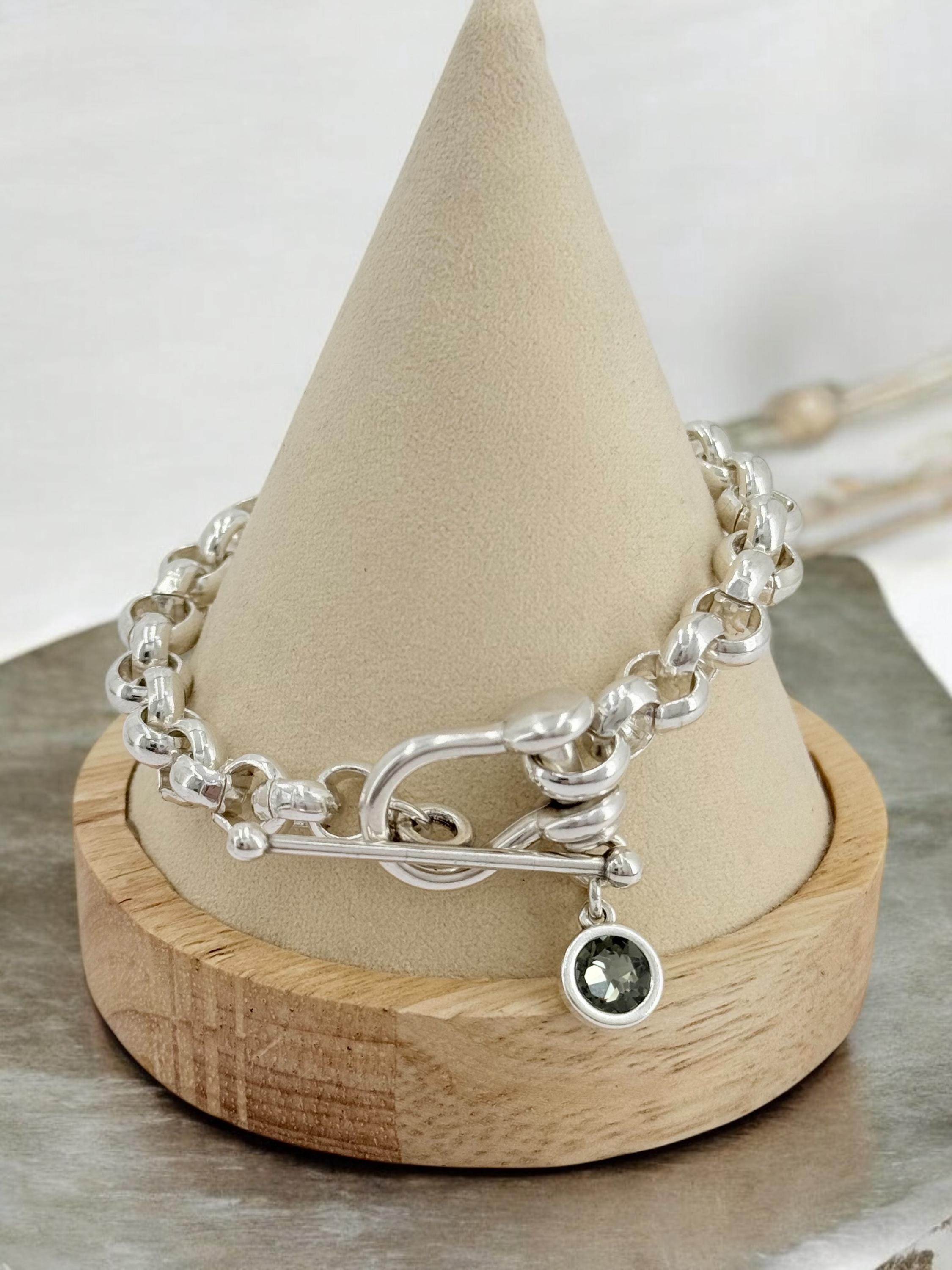 Silver chunky chain bracelet with Swarovski crystal, toggle clasp and padlock pendant, heavyweight bold bracelet, uno de 50 style, gift