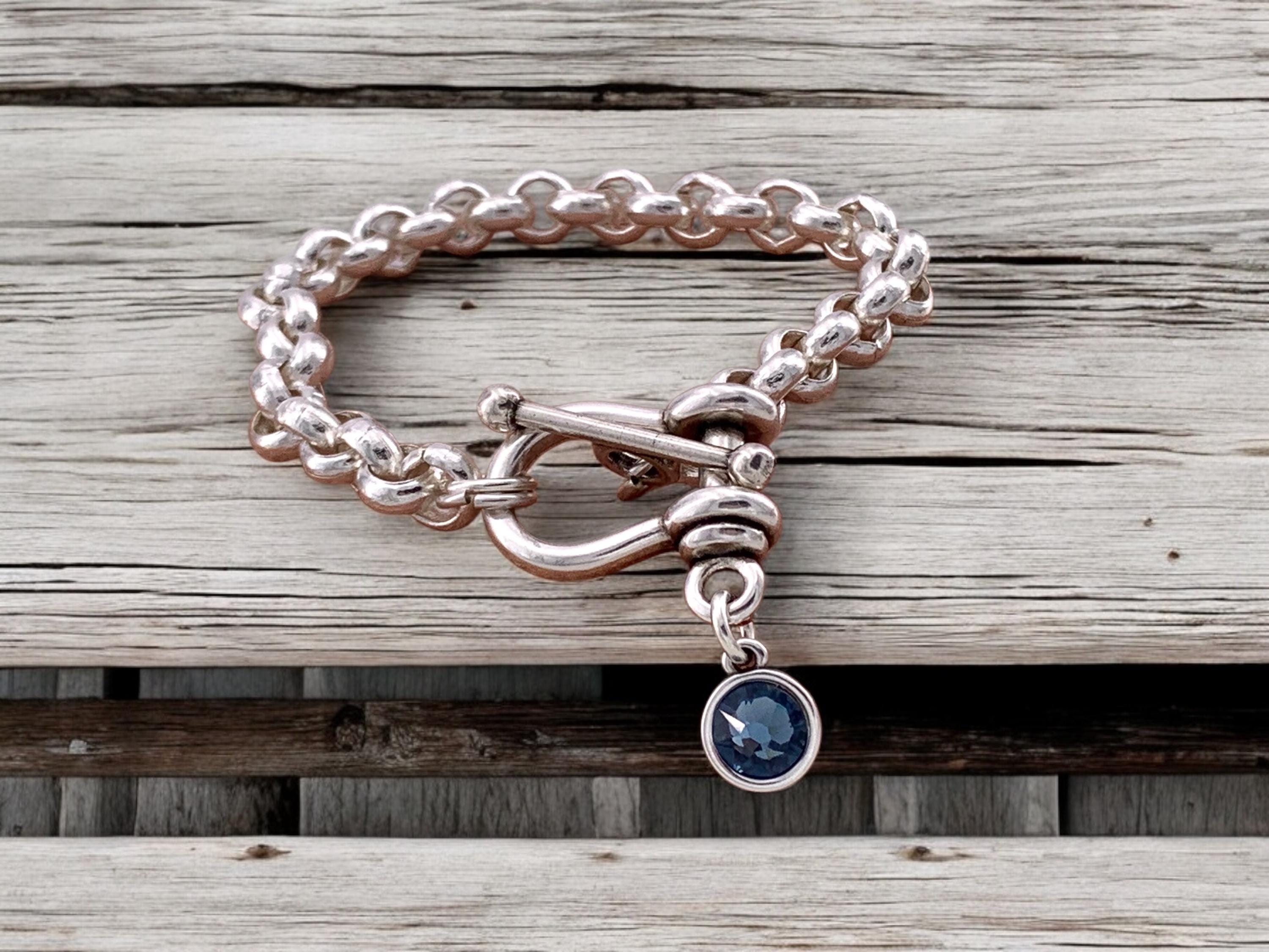 Silver chunky chain bracelet with Swarovski crystal, toggle clasp and padlock pendant, heavyweight bold bracelet, uno de 50 style, gift